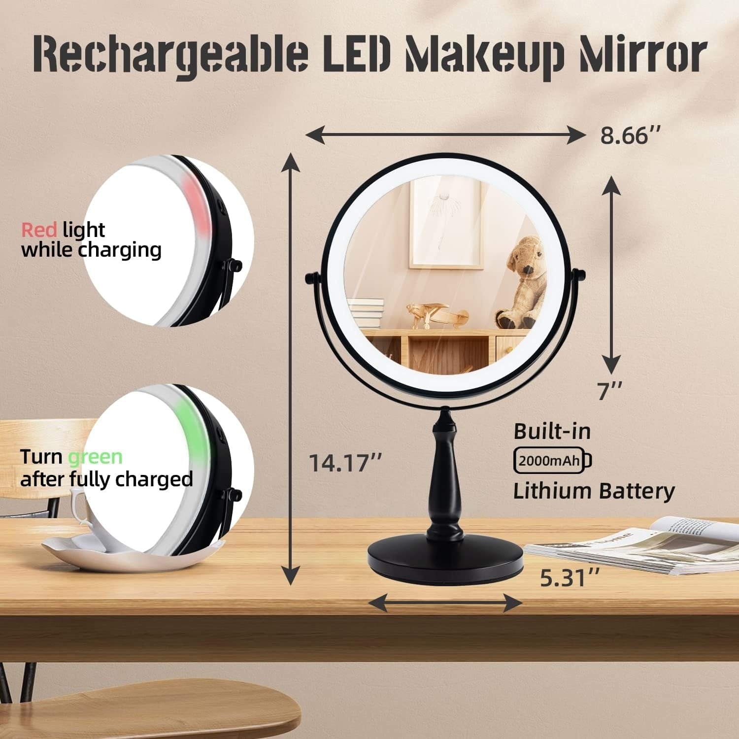 9 Makeup Mirror, 1X/10X Magnifying Mirror with 3 Colors Dimmable Lightning, 360°Rotation Double Sided Desk Mirror