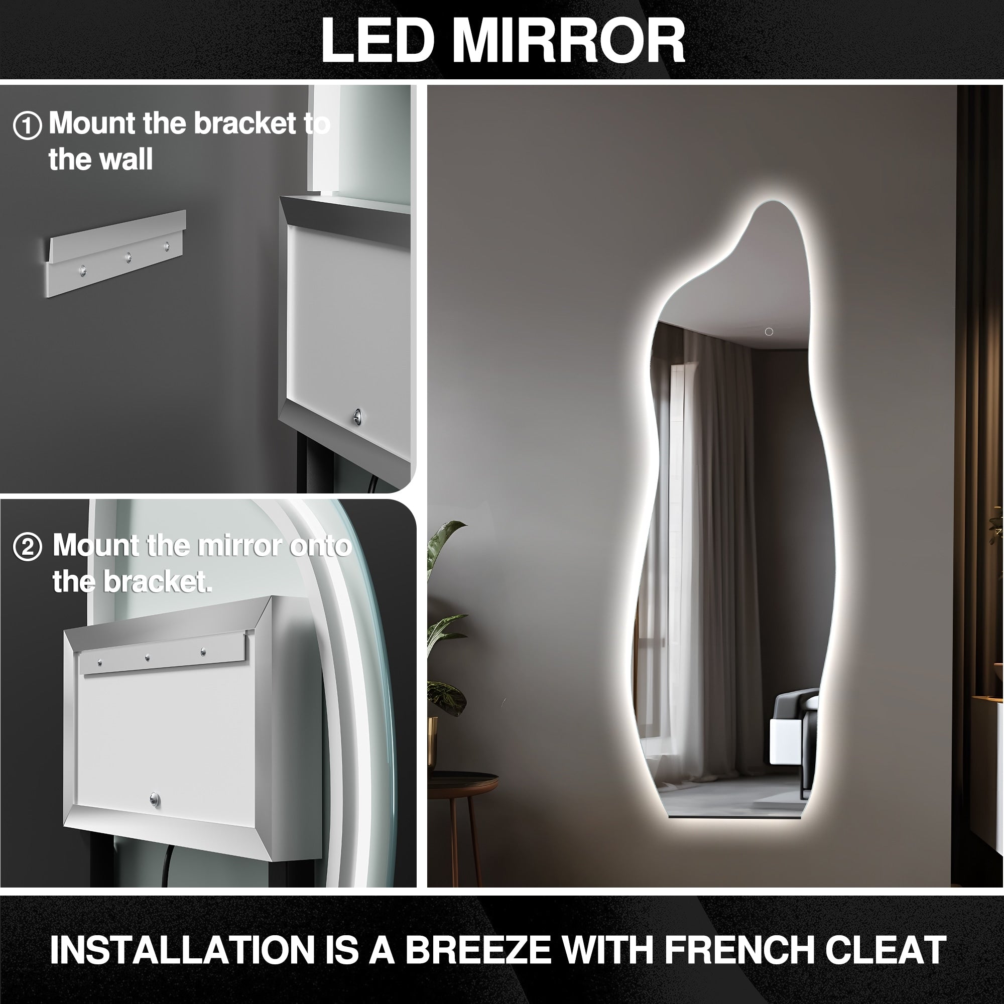 LED Mirror Full Length Wall Mirror Vanity Mirror Adjustable Color 55''