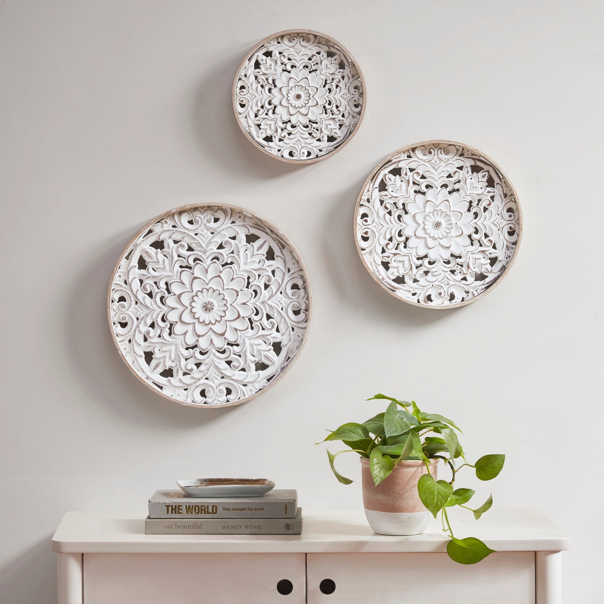 Madison Park Medallion Trio Distressed White Floral 3-piece Carved Wood Wall Decor Set