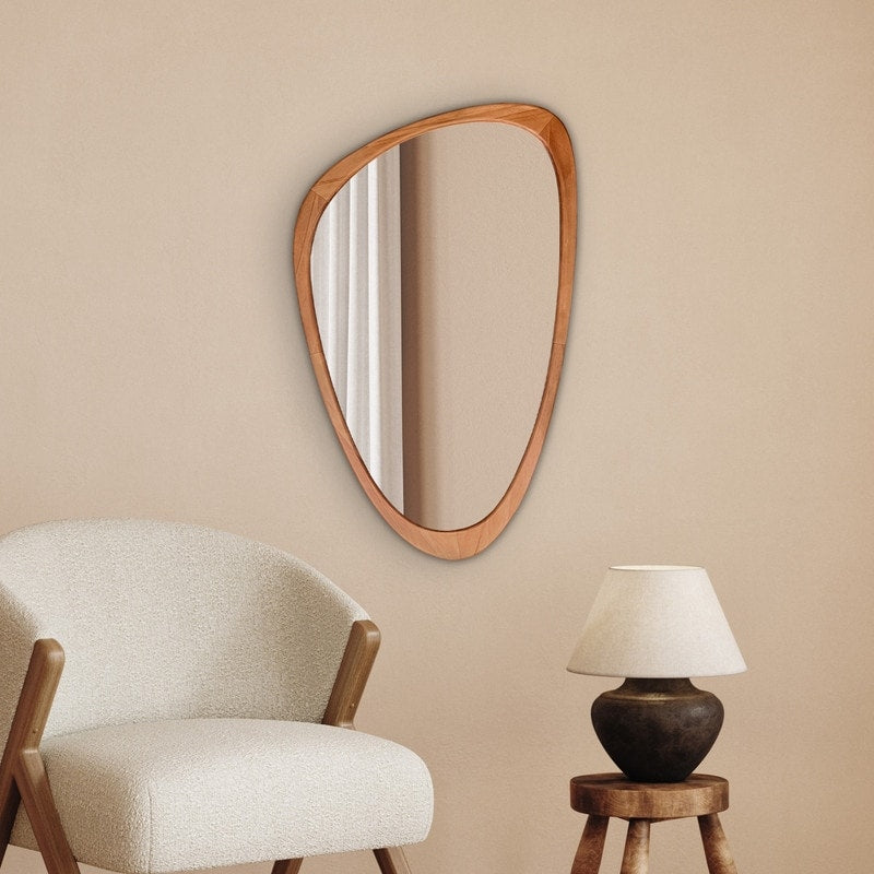 Pine Wooden Frame Asymmetrical Cobblestone Shaped Wall Mirror