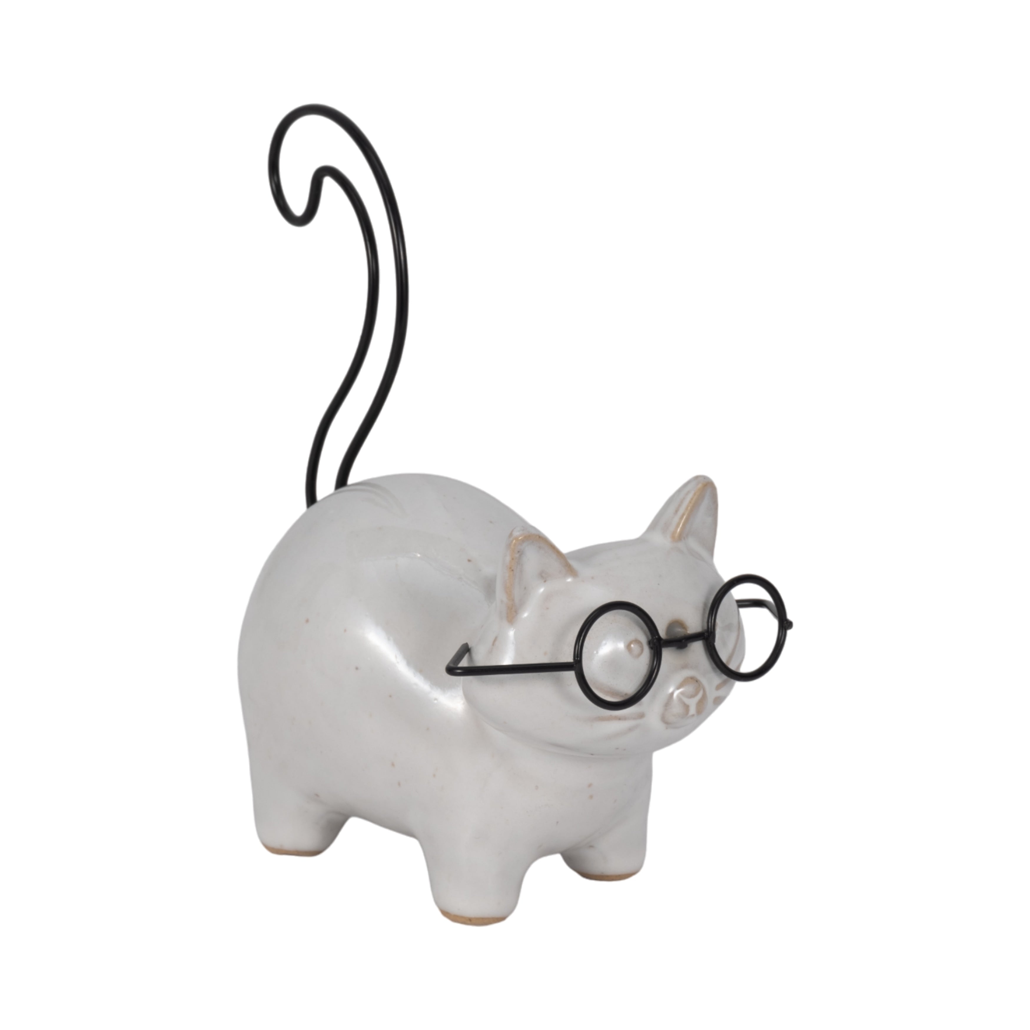 6 Ceramic Kitten with Glasses Figurine, Contemporary White and Black Standing Cat Decorative Accent For Home - 6 x 3 x 5