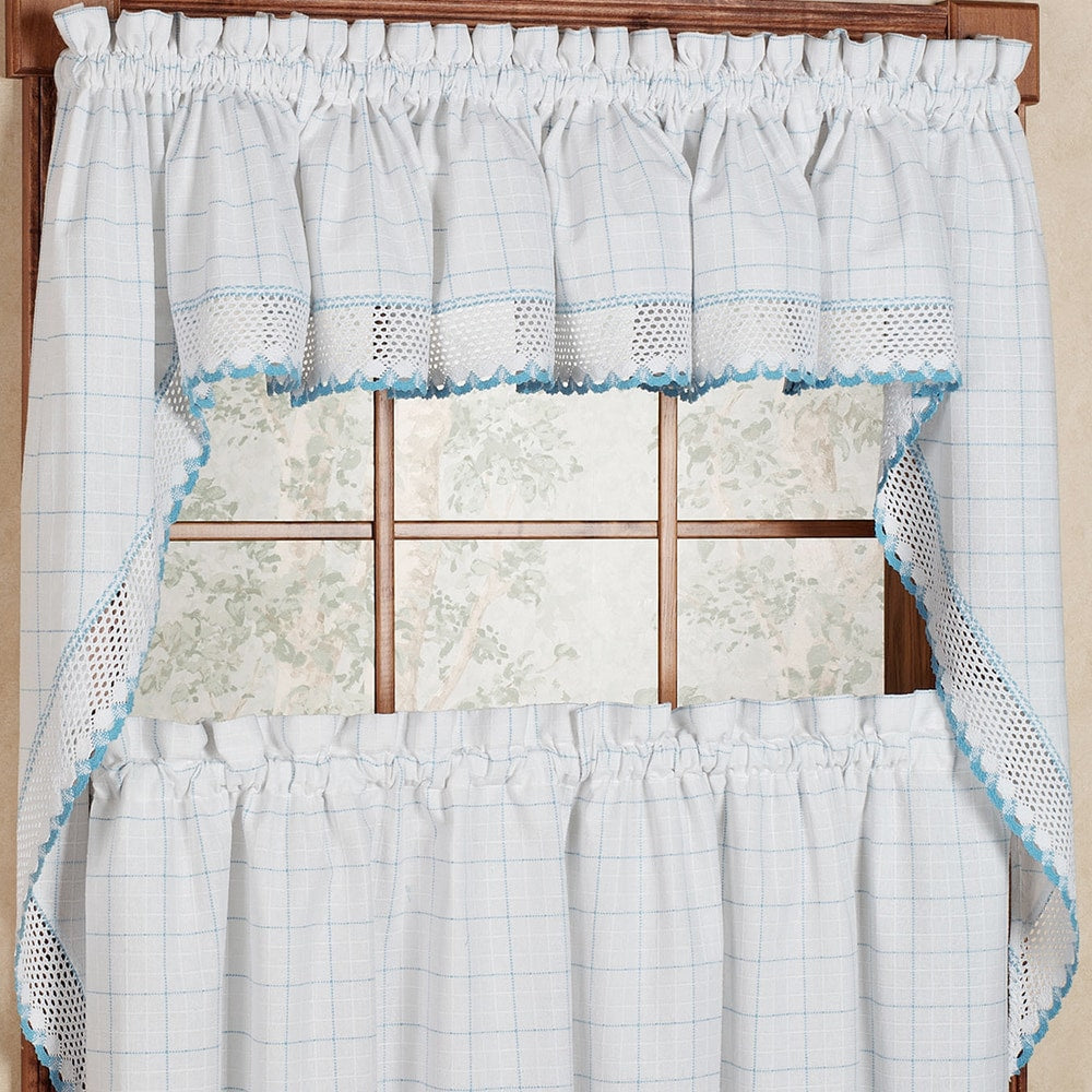 Cotton Classic White/ Blue Window Pane Pattern and Crotchet Trim Tiers, Swags and Valance Options