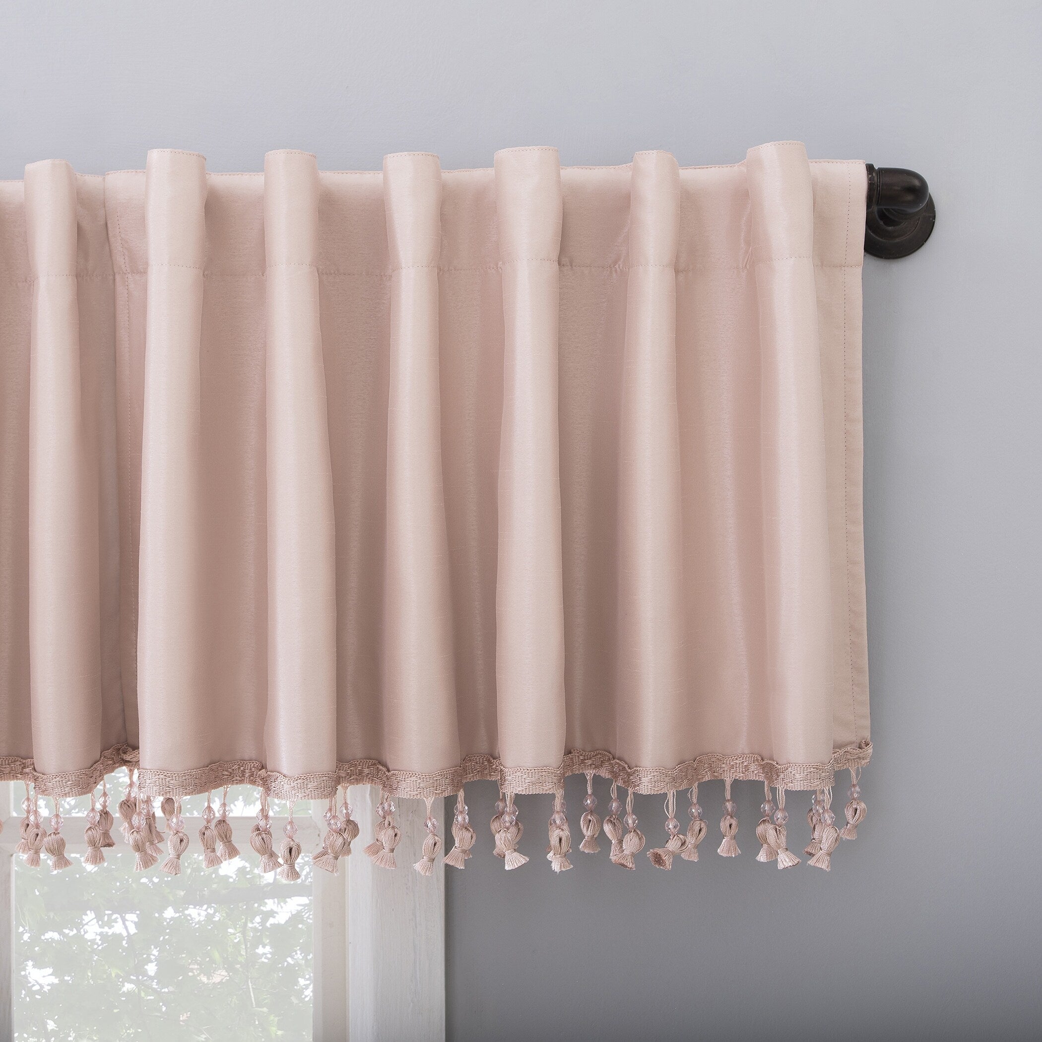 Sun Zero Evelina Faux Dupioni Silk Beaded Tassels Thermal Extreme Total Blackout Back Tab Curtain Valance