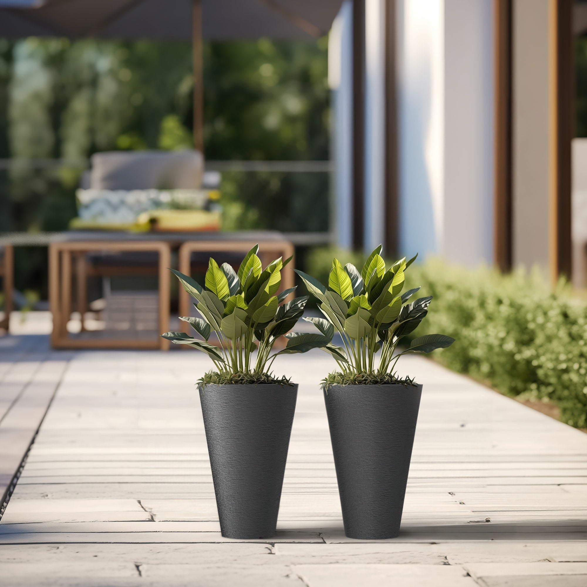 Black Tall Plastic Round Plant Pots / Large Indoor and Outdoor Flower Planters, 2 Piece Set