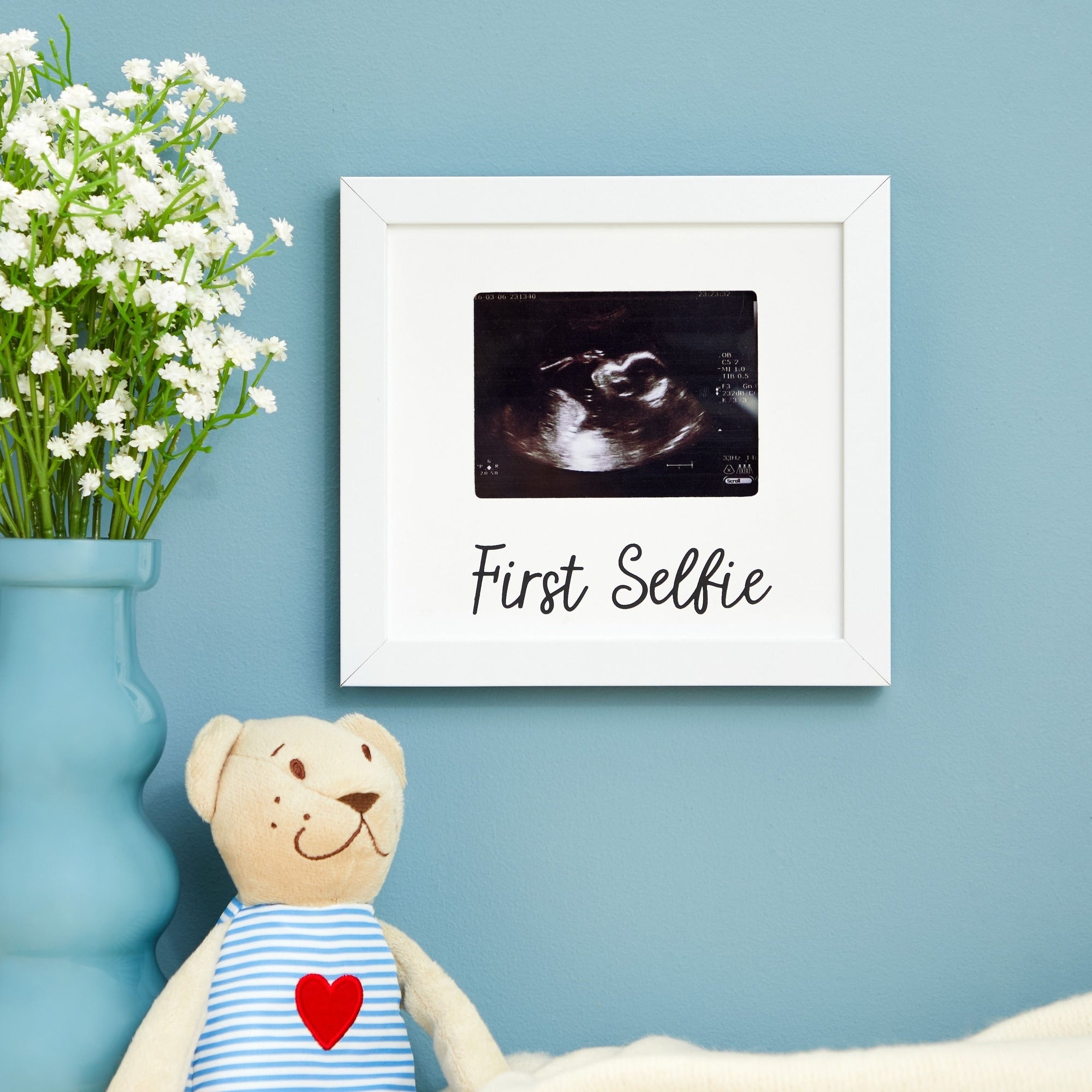 Baby Sonogram Picture Frame for 4 x 3 Ultrasound Photo, First Selfie (7 x 6.5 In, White)