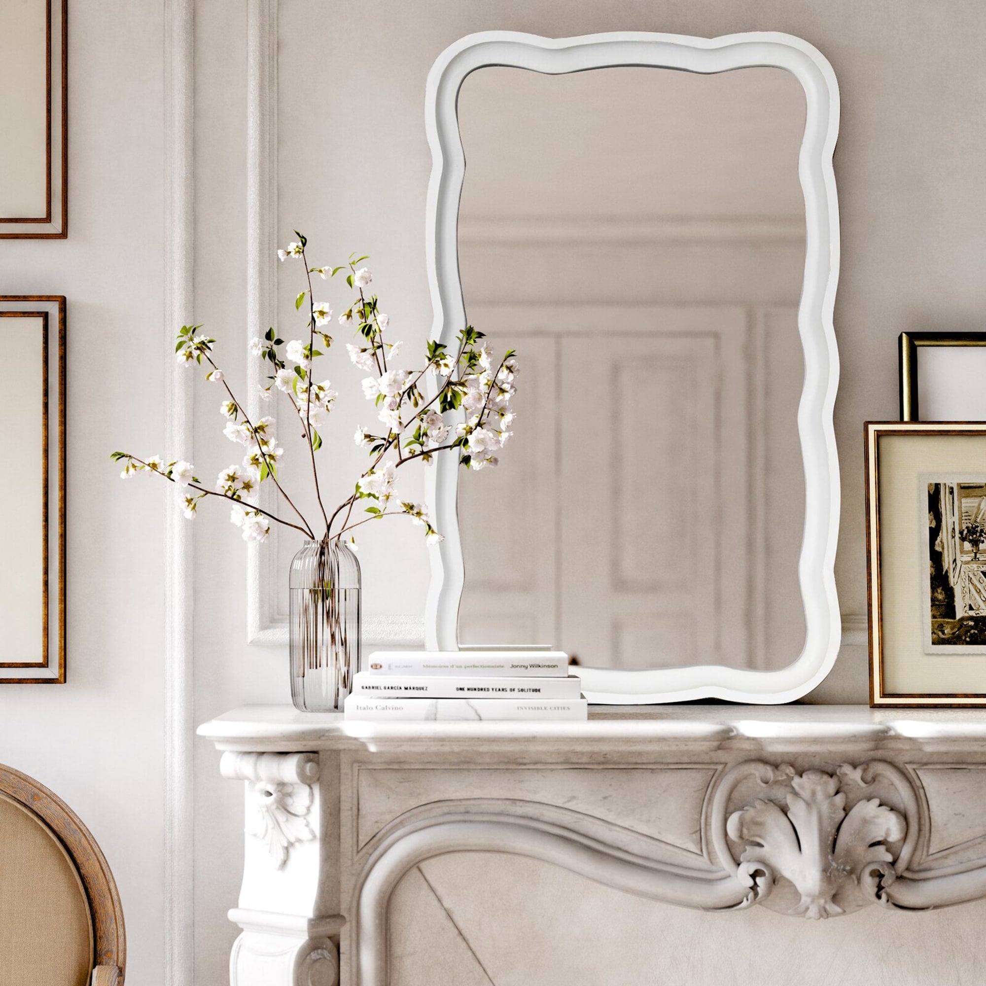 COZAYH Curved Scallop Wood Frame Accent Mirror