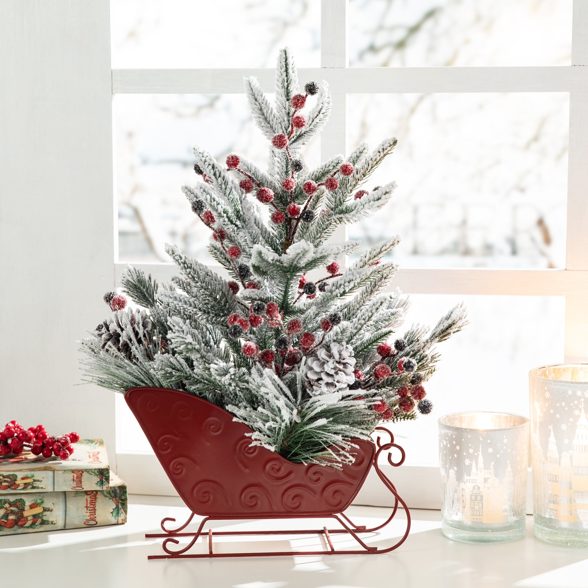 Glitzhome Christmas Red Sleigh Frosted Boot Floral Metal Potted Tree Table Decor