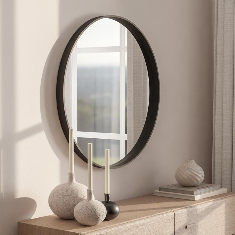 Classic Wooden Frame Farmhouse Round Wall Mirror