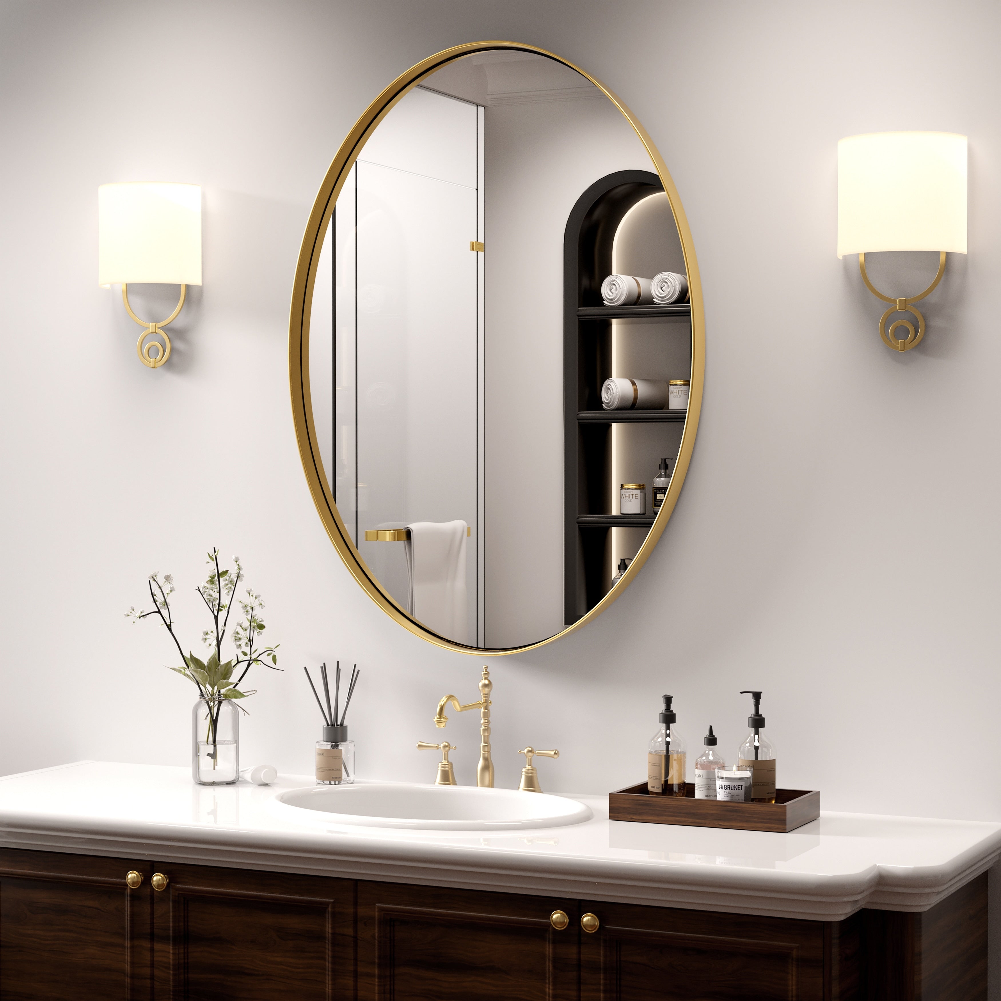 Modern Wall Mirrors, Oval Mirror with Stainless Steel Framed, Bathroom Mirror with Round Corner, Vanity Mirror Accent Mirror