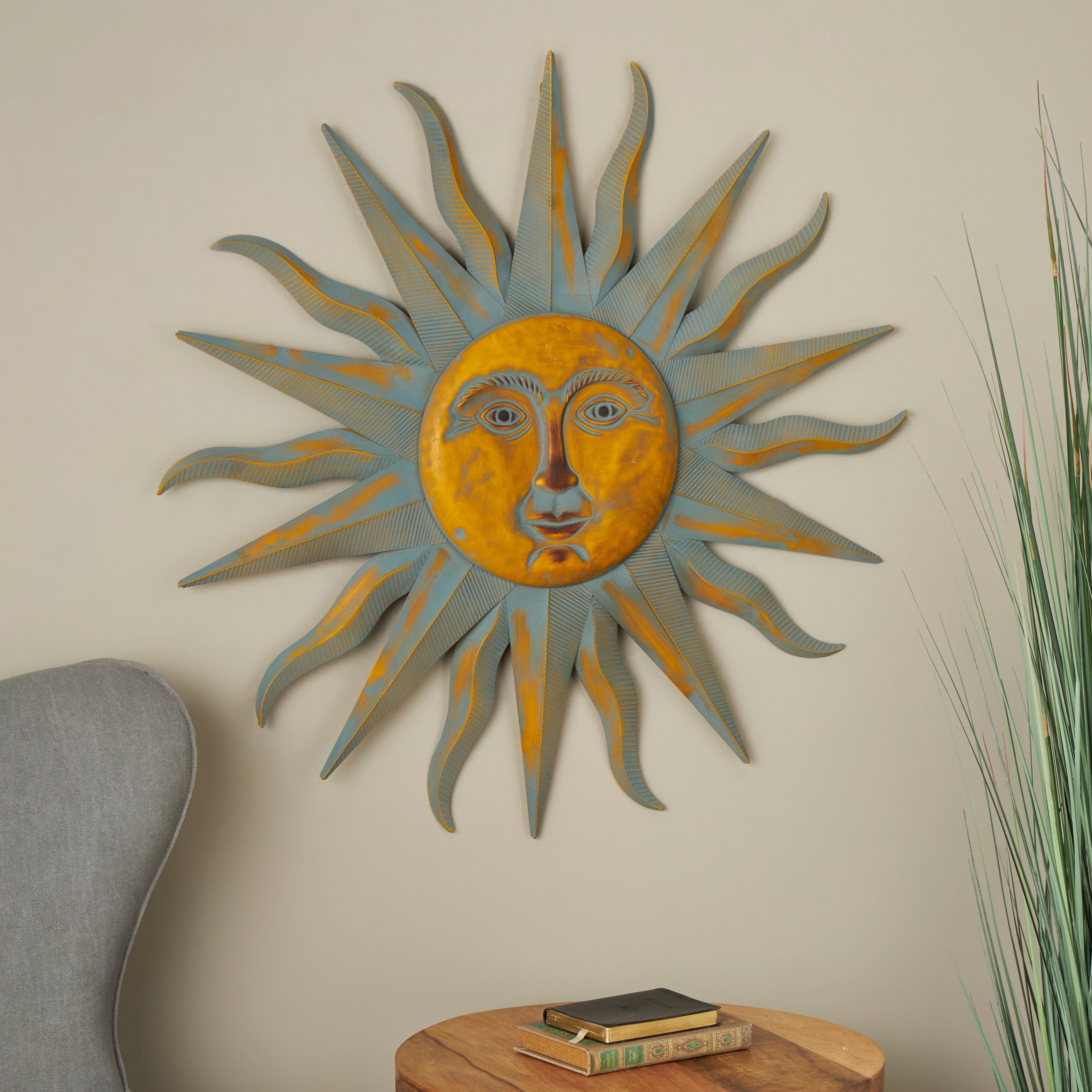 Metal Sun Indoor Outdoor Distressed Wall Decor with Copper-Like Accents and Grooves - Gold - Roche River Decor