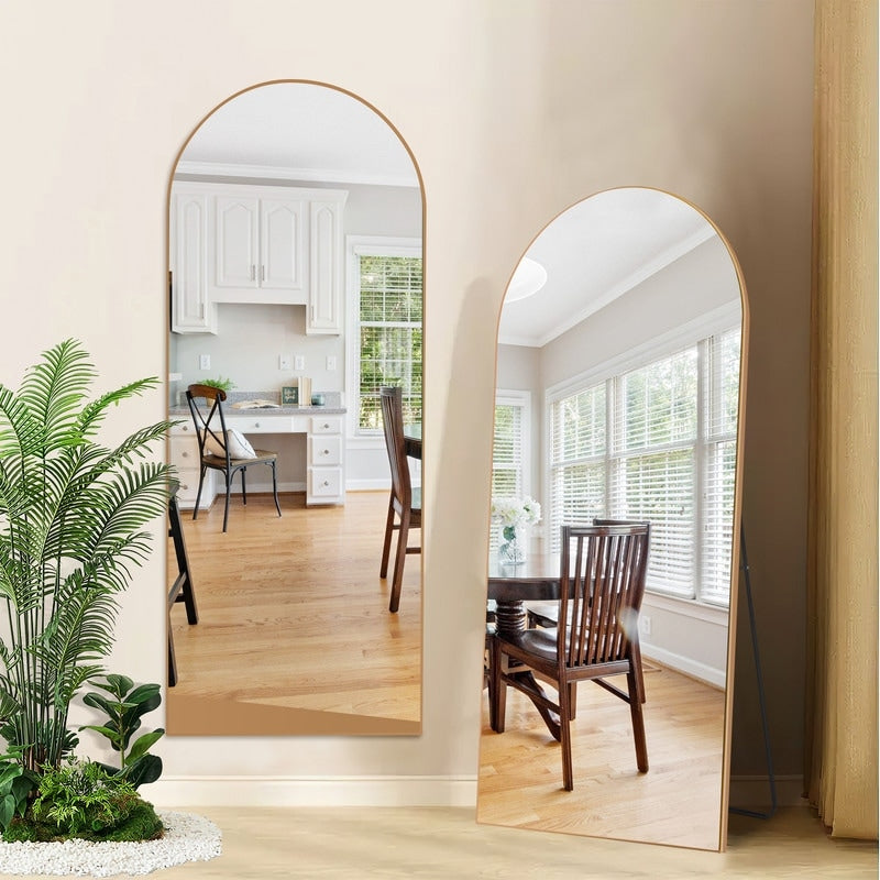 Modern Glam Wood Frame Arched Full-length Floor Mirror for Bedroom,Entryway