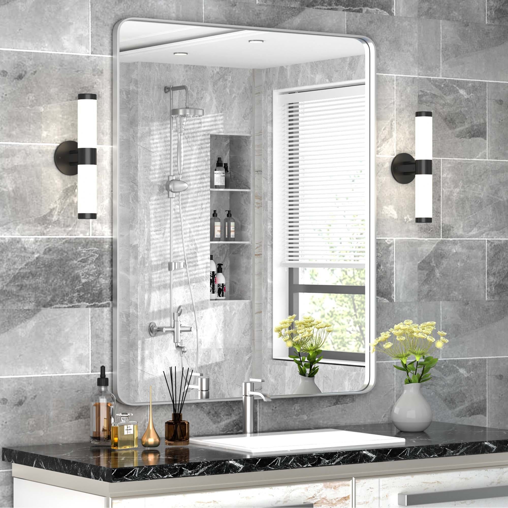 Modern Wall Mirrors, Rectangular Mirror with Stainless Steel Framed, Bathroom Mirror with Round Corner, Vanity Mirror