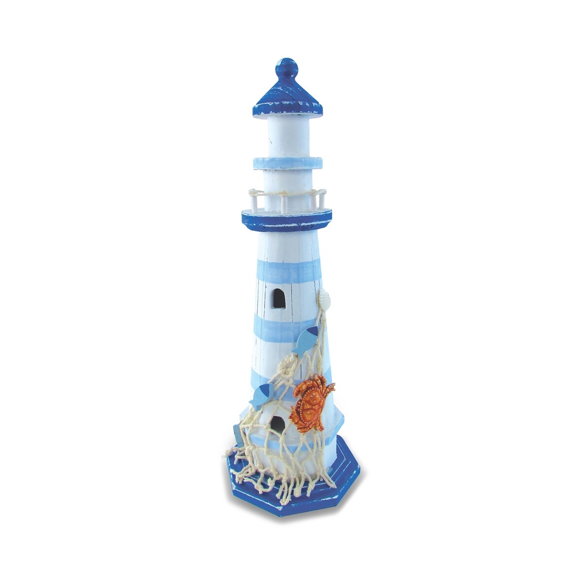 CoTa Global Light Blue Striped Lighthouse with Crab and Fishnet Decor - 4 x 4 x 12.25 inches