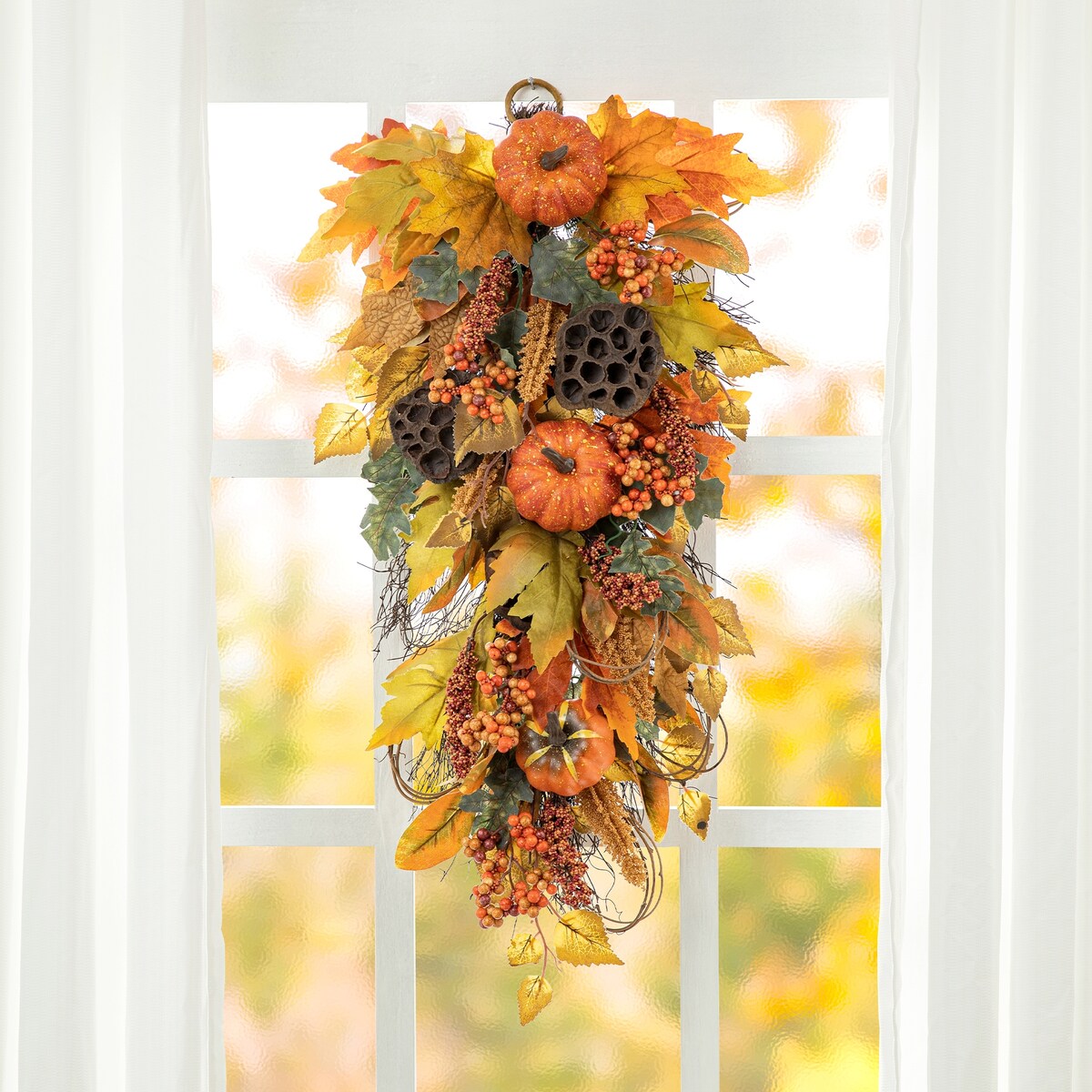 Glitzhome 25H Fall Pumpkin Lotus Leaf Swag Wreath Thanksgiving Door Decor