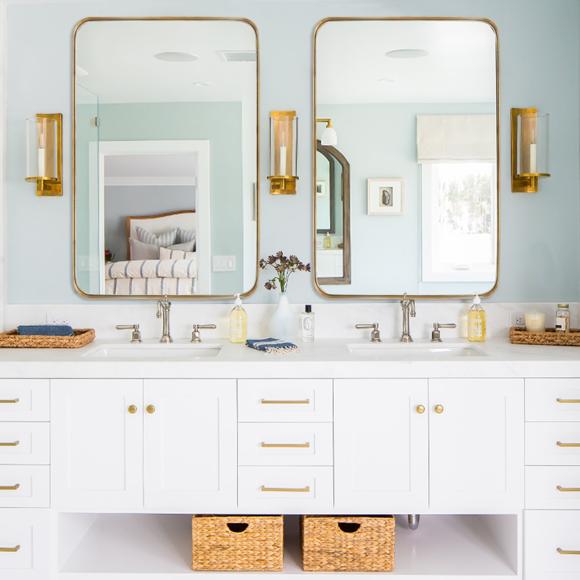 Modern Wall Mirrors, Rectangular Mirror with Stainless Steel Framed, Bathroom Mirror with Round Corner, Vanity Mirror