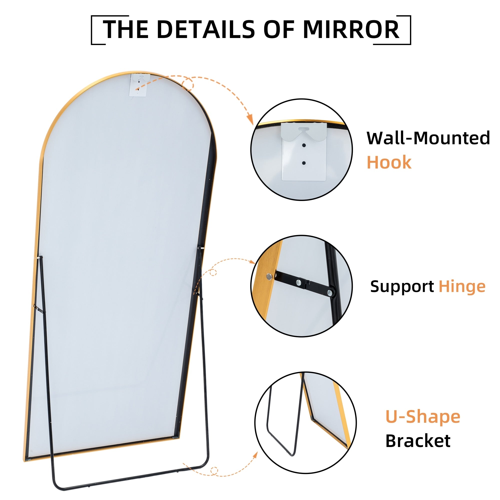 Arched Full Length Mirror with Stand Aluminum Alloy Frame,Wall-Mounted Mirror,Floor Dressing Mirror