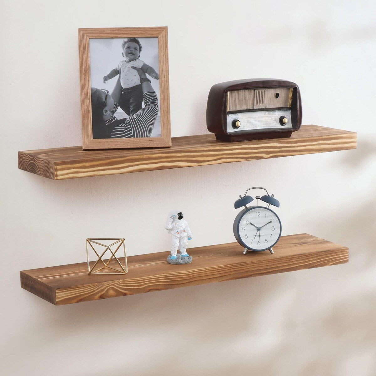 Handcrafted European Pine Natural Rustic Wooden Floating Shelves Wall Mounted Set of 2