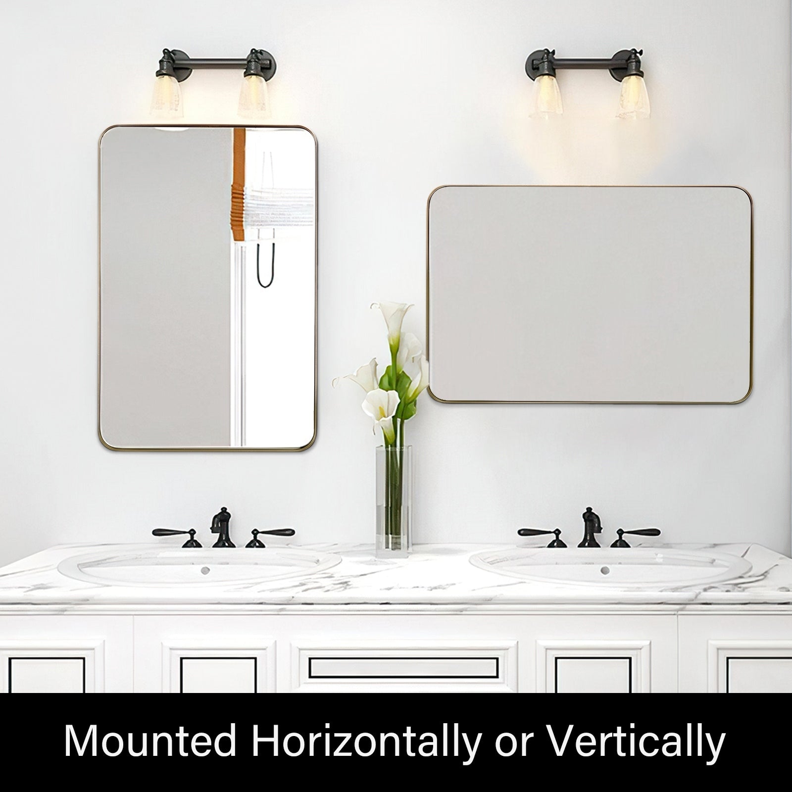 Modern Wall Mirror, Rectangular Mirror with Metal Frame, Bathroom Mirror with Round Corner Vanity Mirror for Vertical/Horizontal