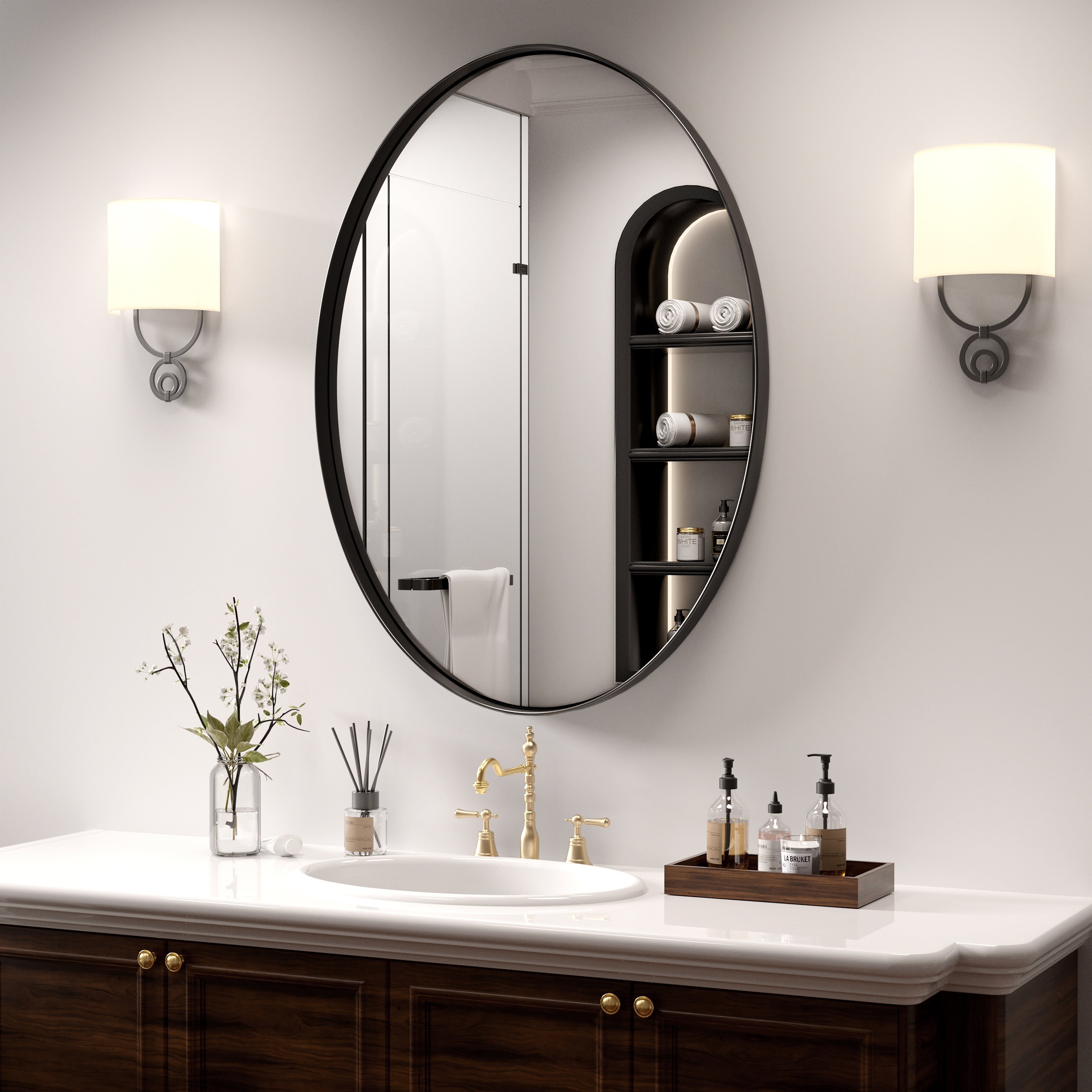 Modern Wall Mirrors, Oval Mirror with Stainless Steel Framed, Bathroom Mirror with Round Corner, Vanity Mirror Accent Mirror