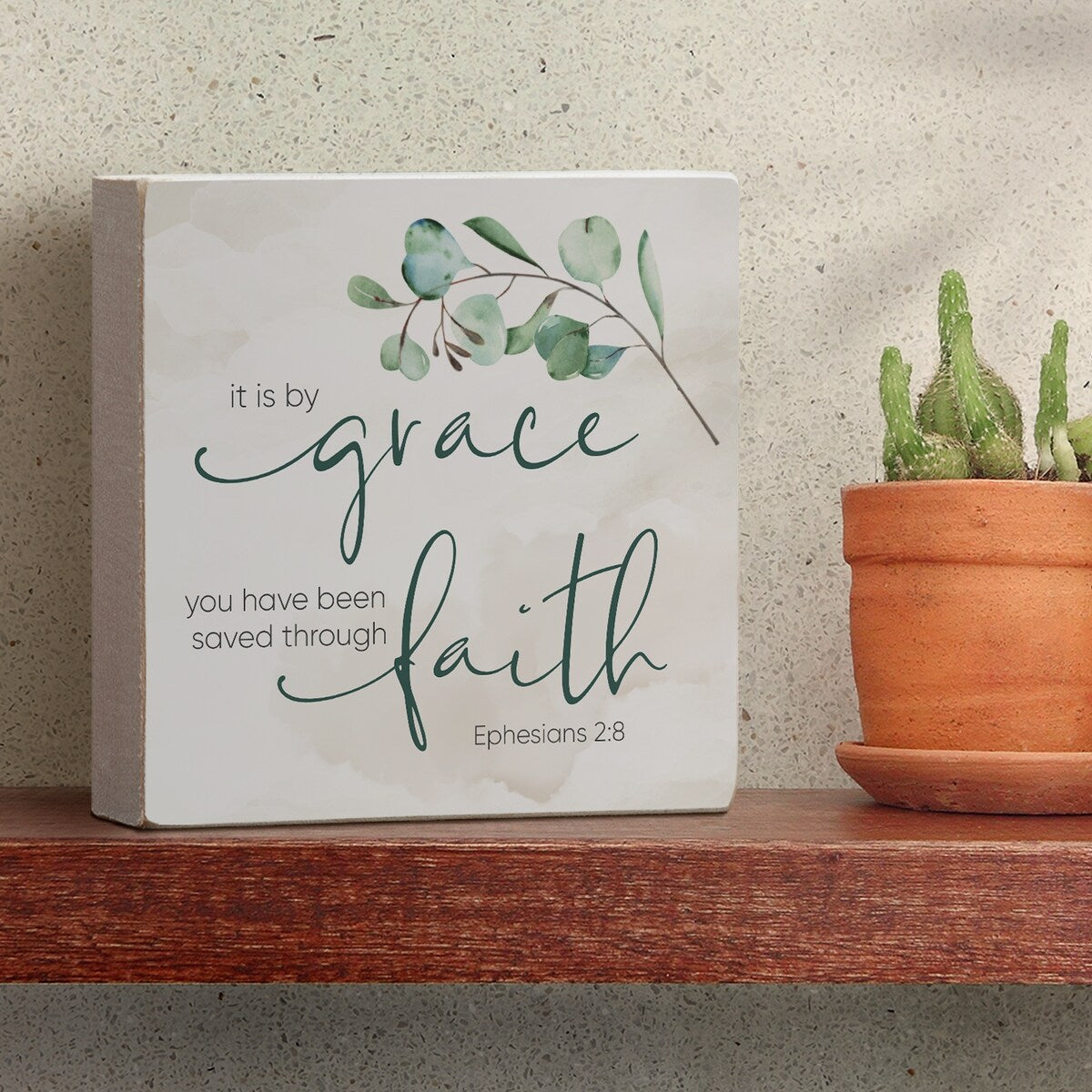 Wood Block Décor Message by Grace Saved Through Faith Sign, 3.75 inches Square, Made in The USA - Multi-38