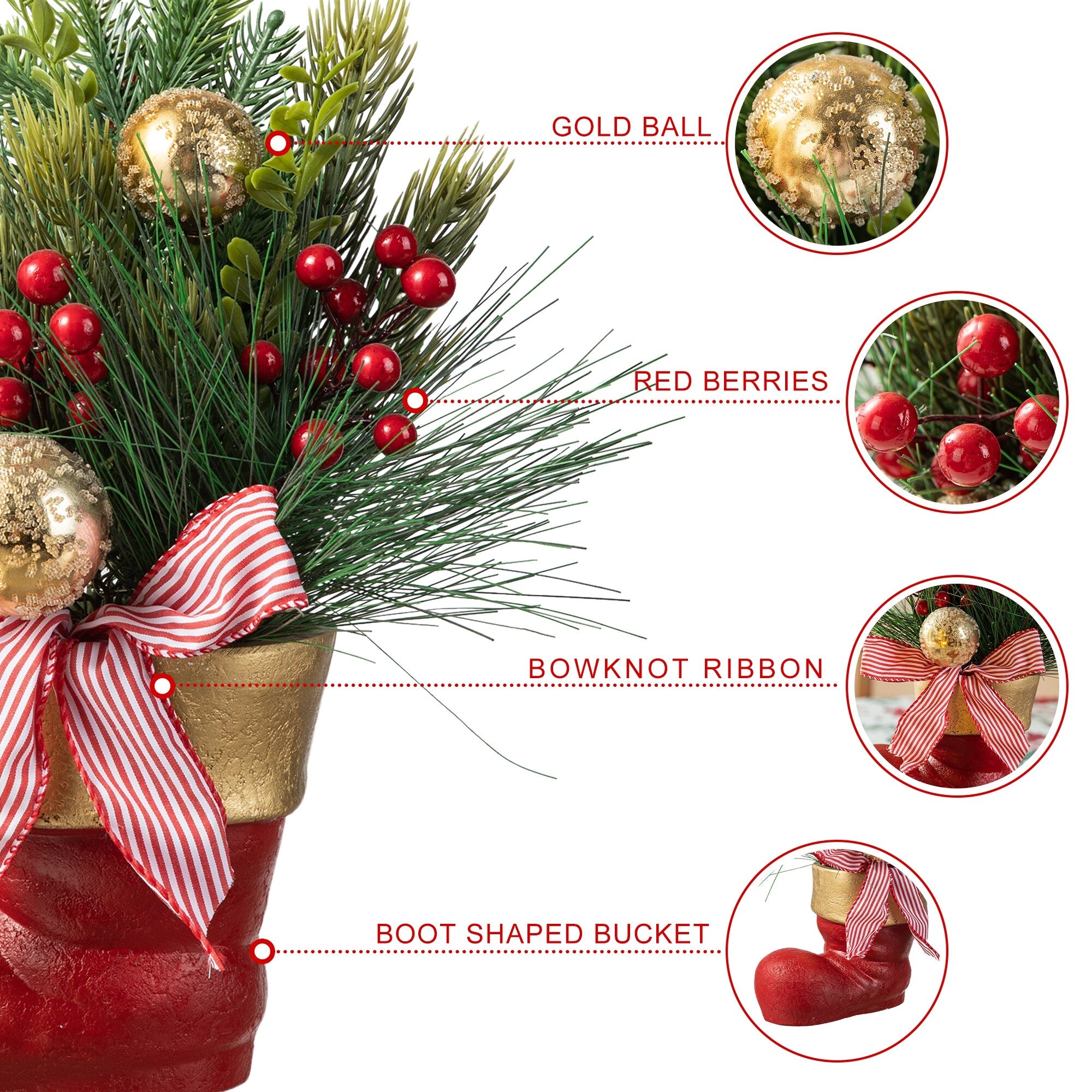 Glitzhome Christmas Red Sleigh Frosted Boot Floral Metal Potted Tree Table Decor