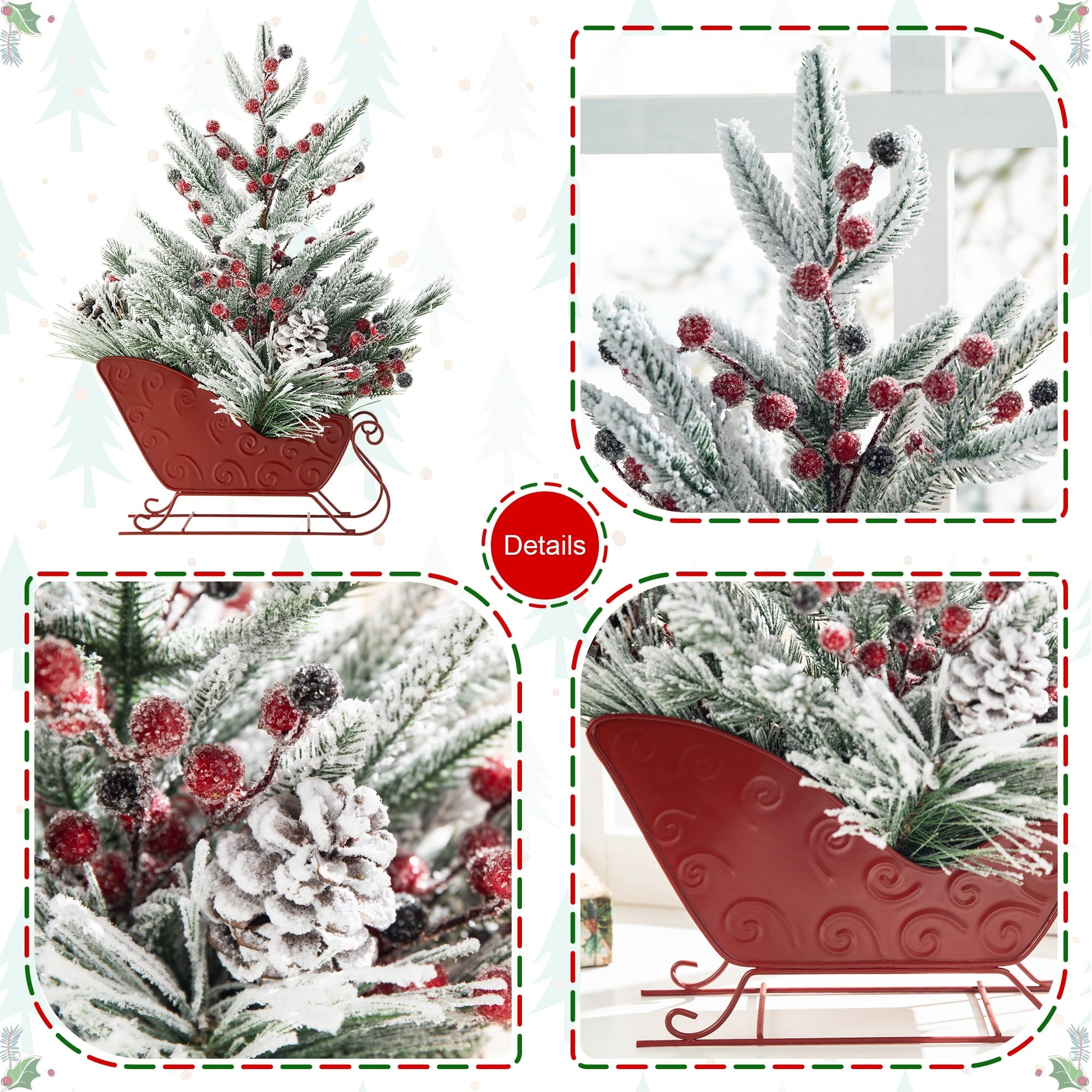 Glitzhome Christmas Red Sleigh Frosted Boot Floral Metal Potted Tree Table Decor