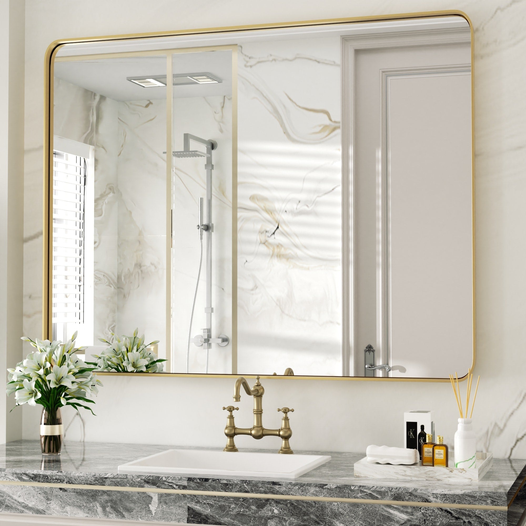 Modern Wall Mirrors, Rectangular Mirror with Stainless Steel Framed, Bathroom Mirror with Round Corner, Vanity Mirror