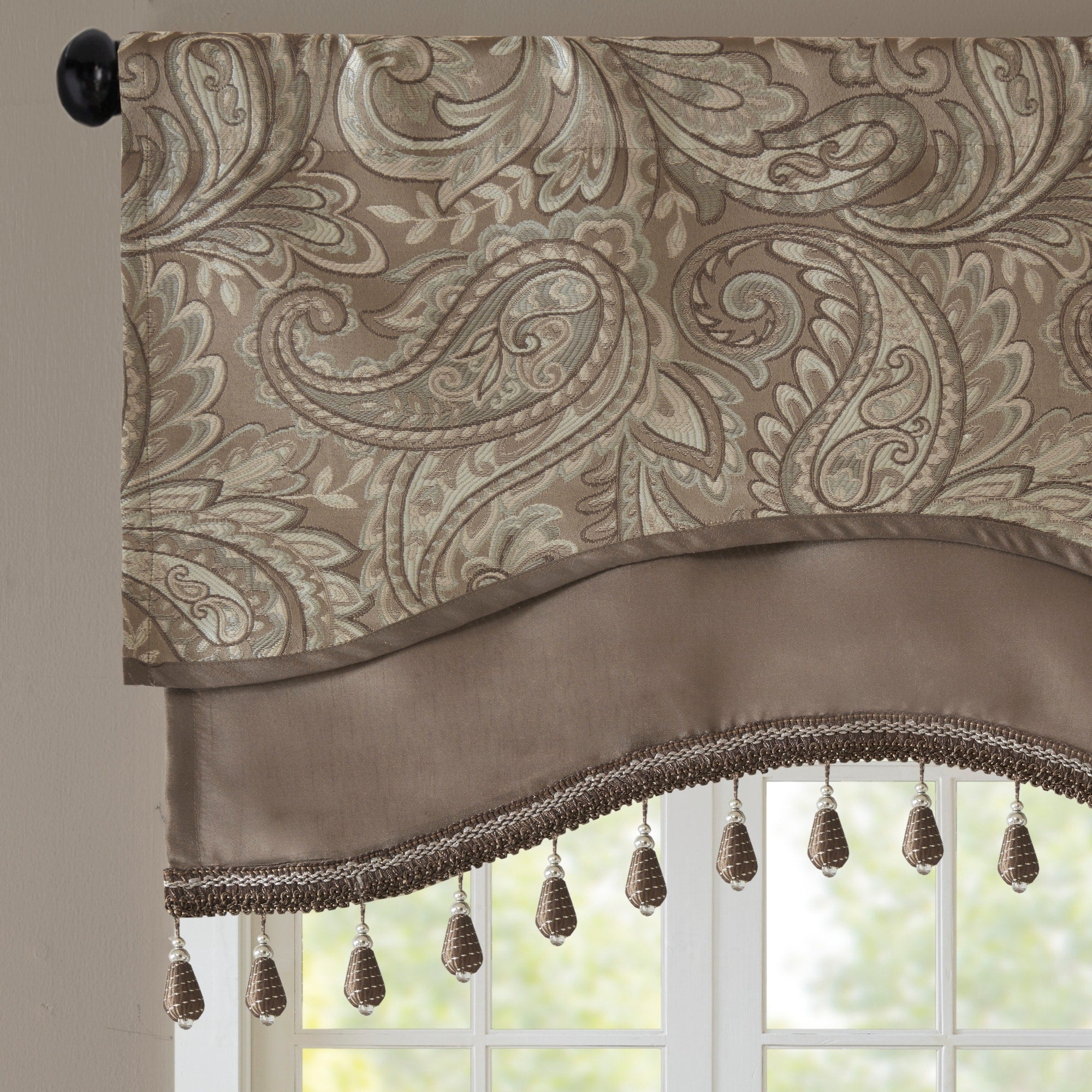 Madison Park Whitman Jacquard Window Rod Pocket Valance with Beads - 50 x 18