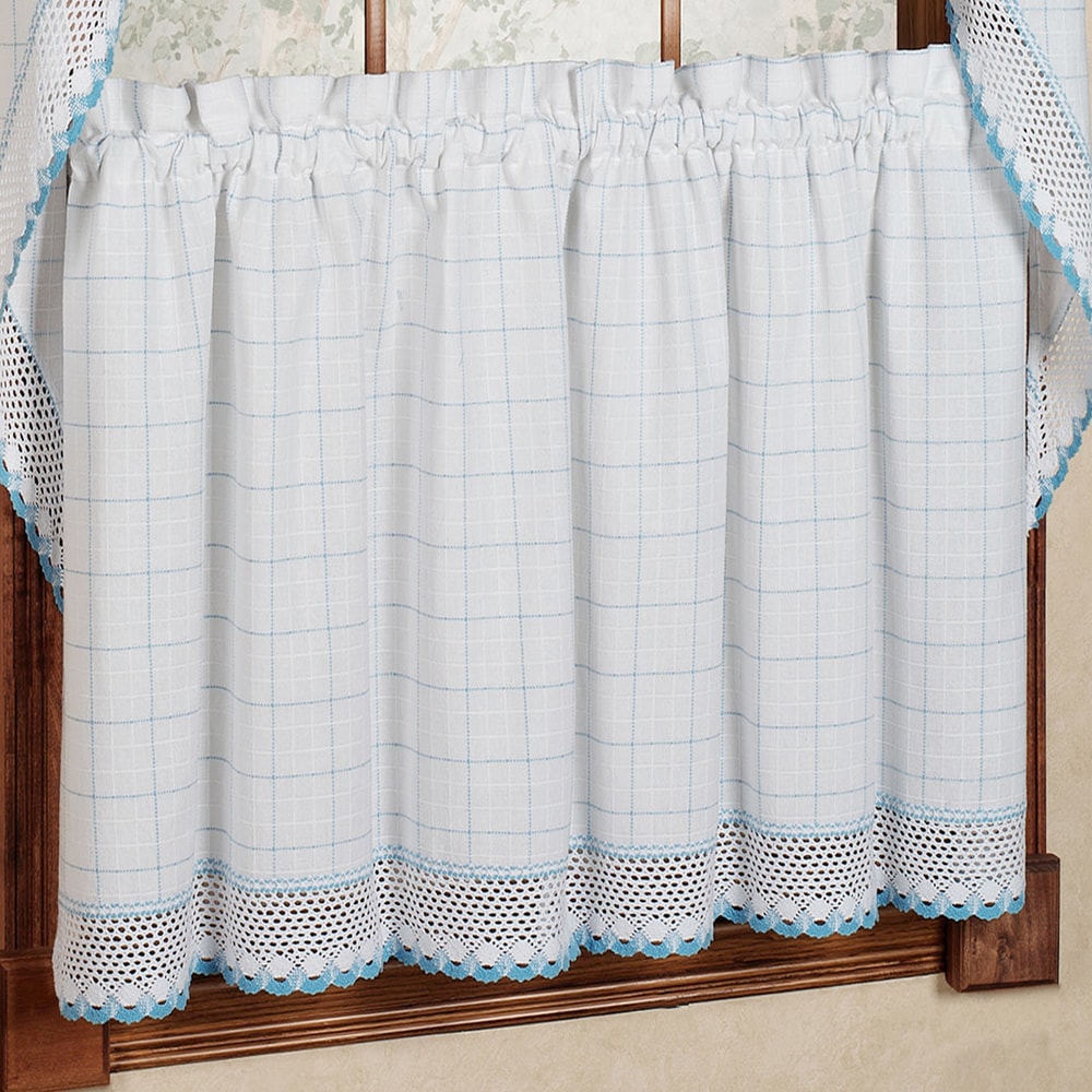 Cotton Classic White/ Blue Window Pane Pattern and Crotchet Trim Tiers, Swags and Valance Options