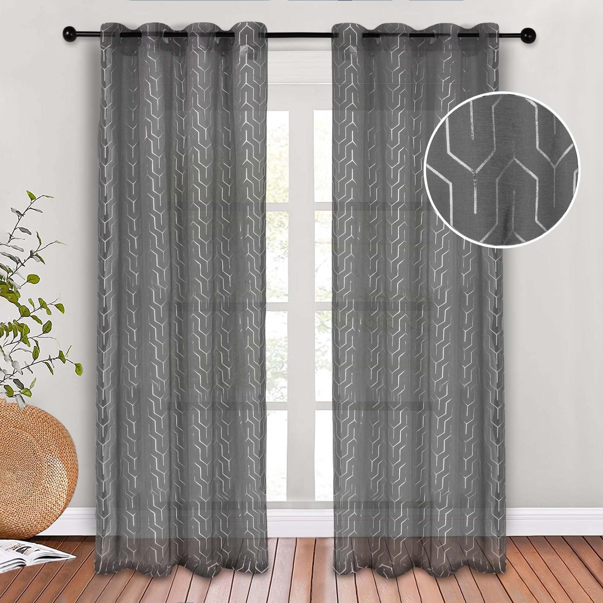 Superior Contemporary Geometric Trellis Sheer Curtains, Rod Pocket or Grommets, Set of 2