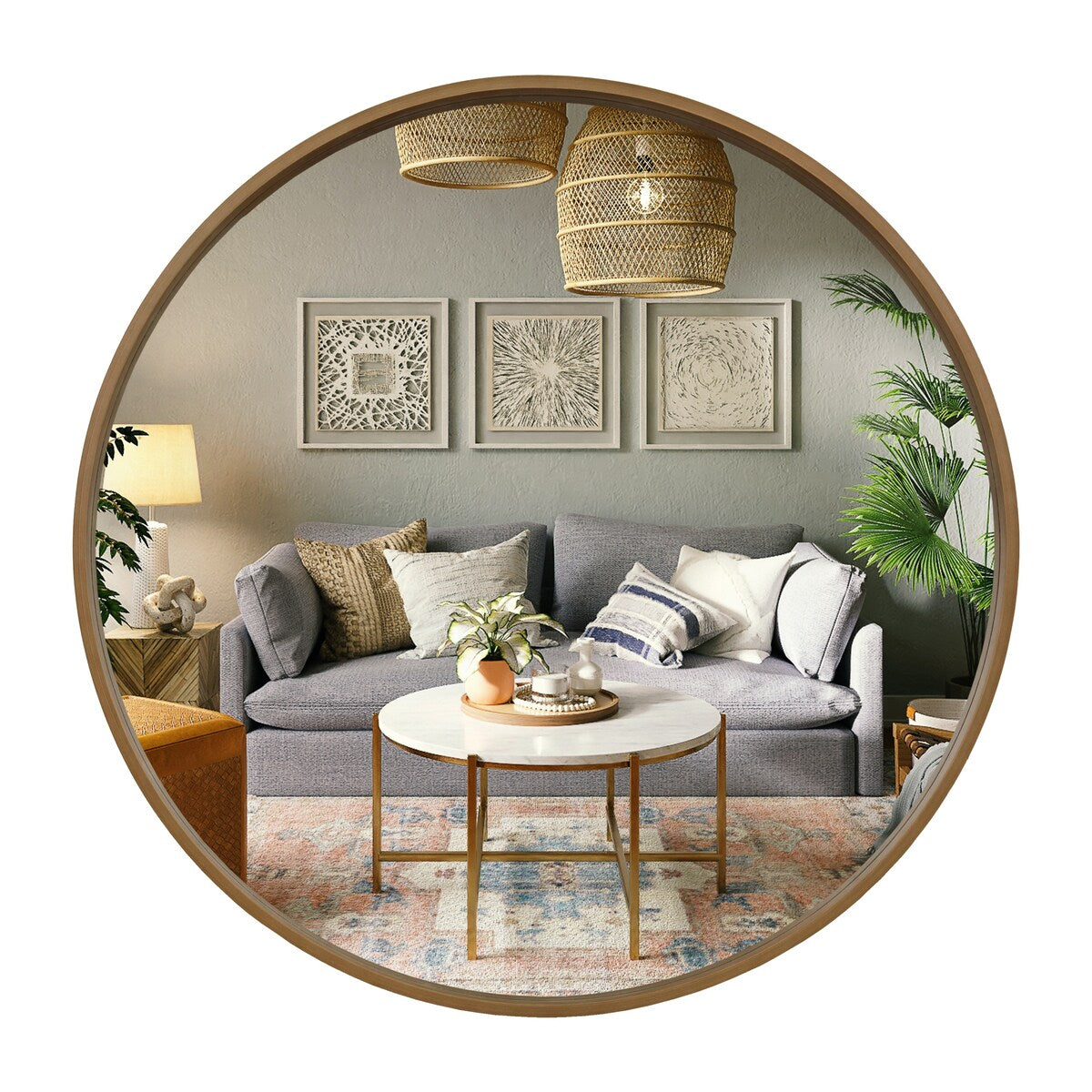 Classic Wooden Frame Farmhouse Round Wall Mirror