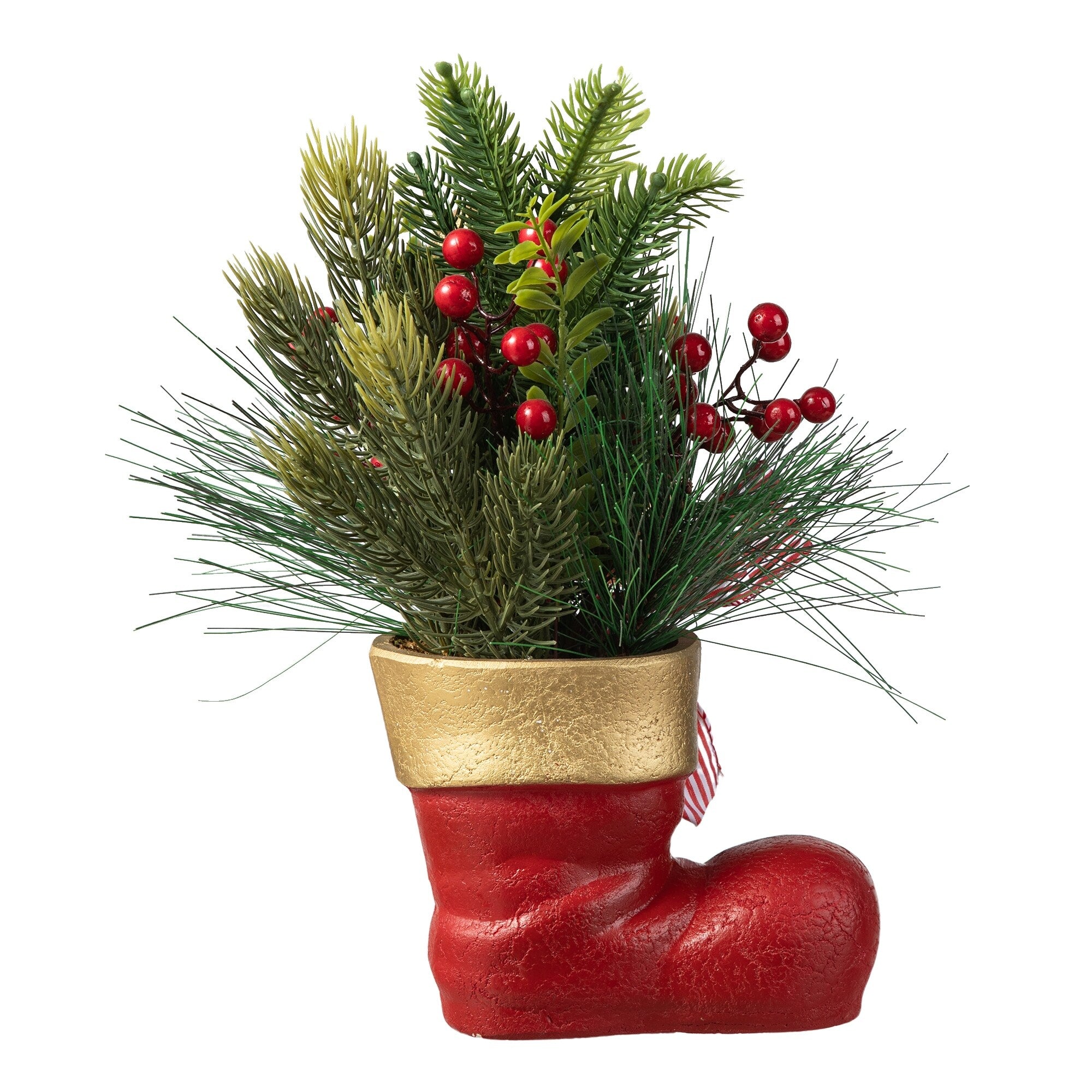 Glitzhome Christmas Red Sleigh Frosted Boot Floral Metal Potted Tree Table Decor