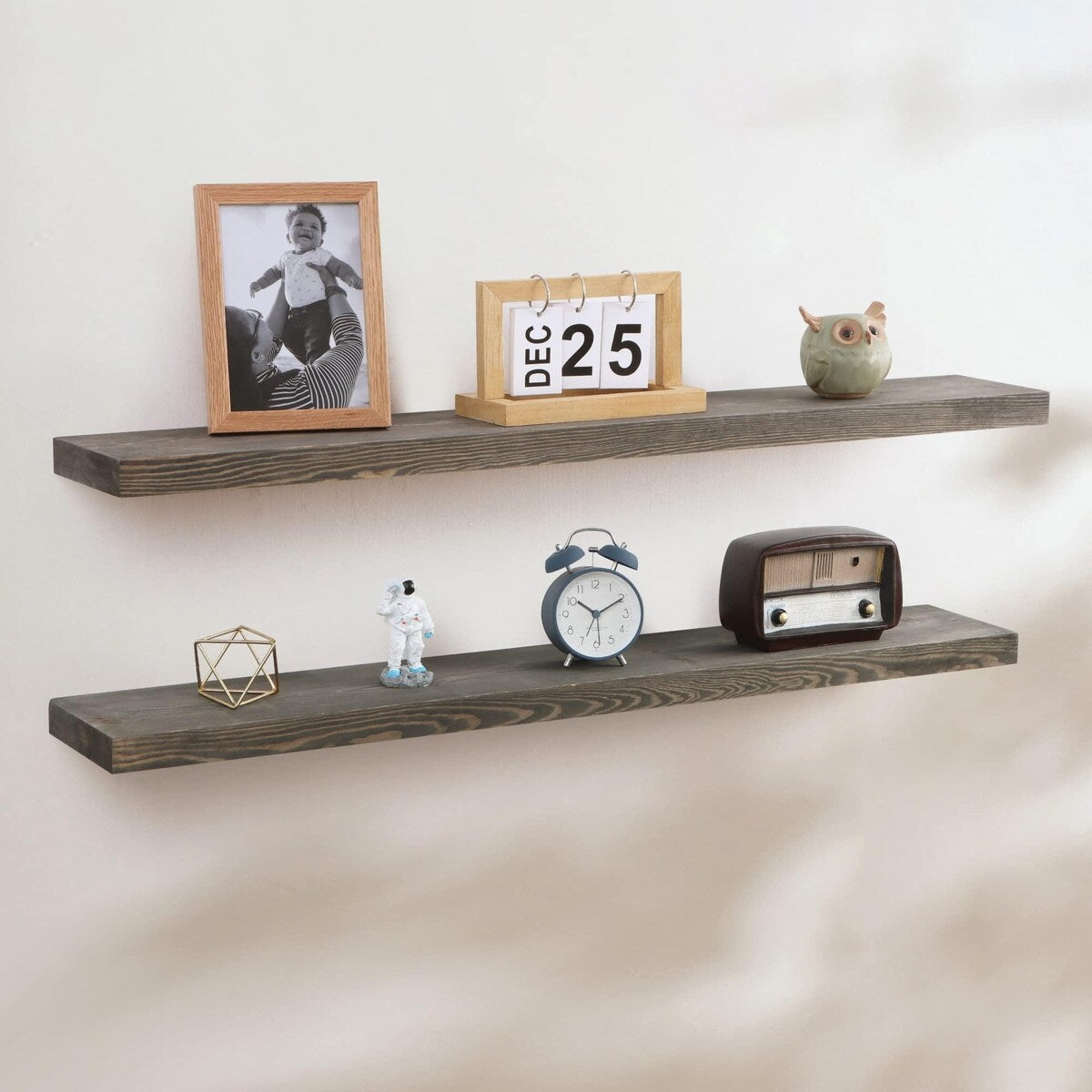 Handcrafted European Pine Natural Rustic Wooden Floating Shelves Wall Mounted Set of 2