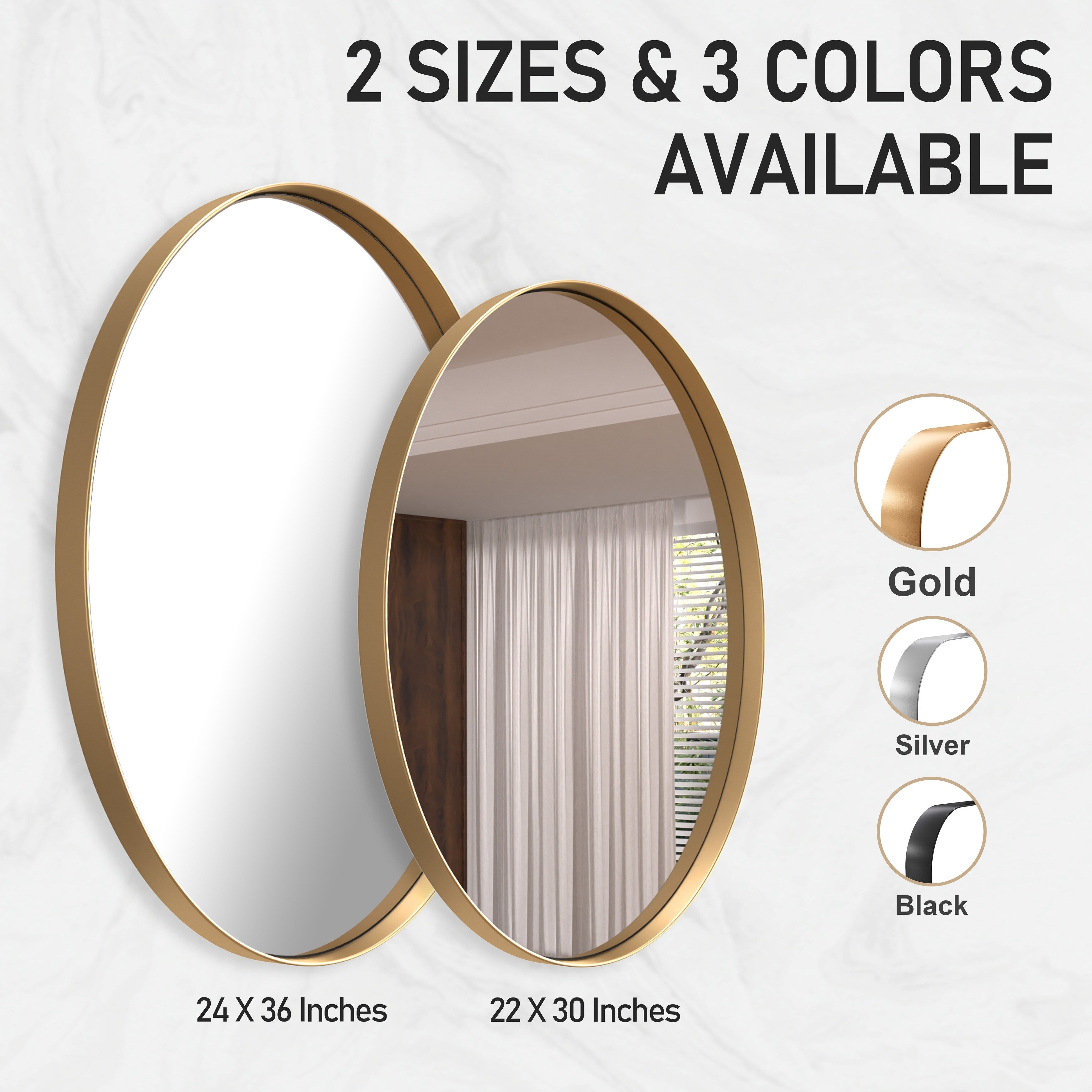 Modern Wall Mirror, Oval Mirror with Metal Framed, Bathroom Mirror with Round Corner Vanity Mirror for Vertical/Horizontal