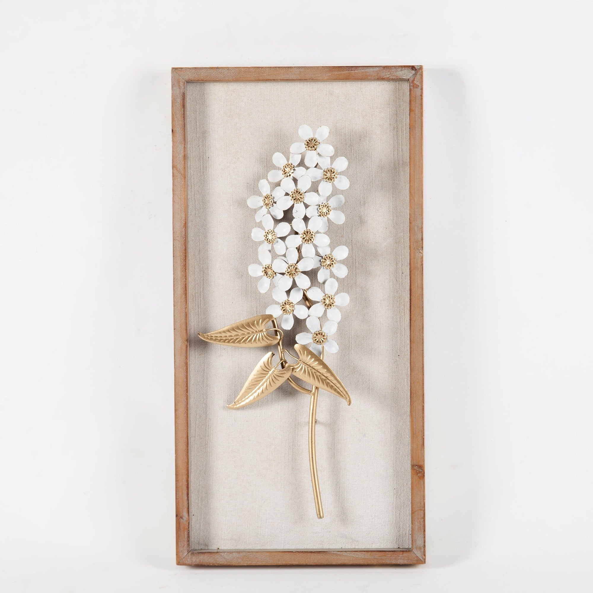 White and Gold Metal Flower Bouquet Wood Frame Wall Decor (Set of 2)