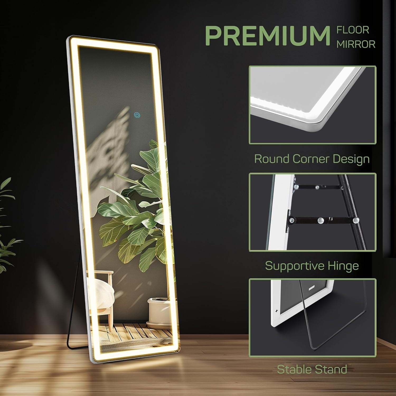 Floor Mirror with LED Light, 64 x 21 Full Length Mirror with Stand, Hanging Mirror Wall Mounted Mirror Full Body Mirror