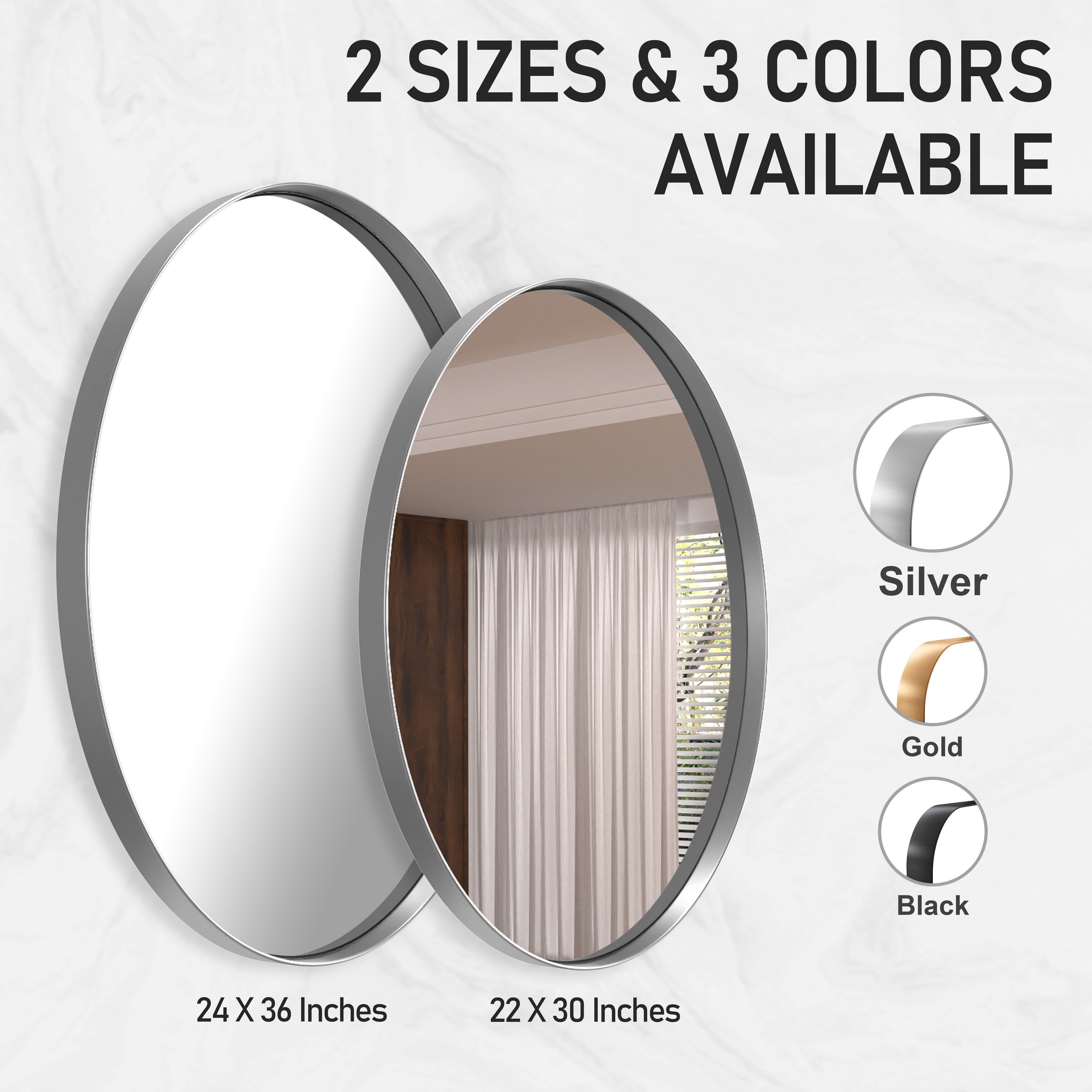 Modern Wall Mirror, Oval Mirror with Metal Framed, Bathroom Mirror with Round Corner Vanity Mirror for Vertical/Horizontal