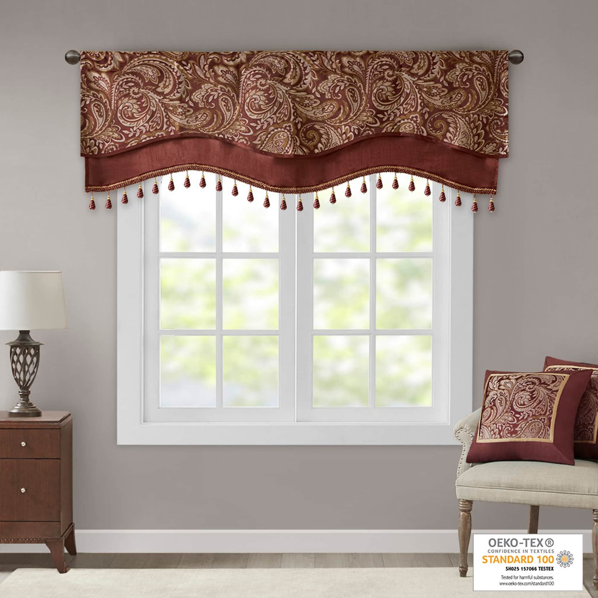 Madison Park Whitman Jacquard Window Rod Pocket Valance with Beads - 50 x 18