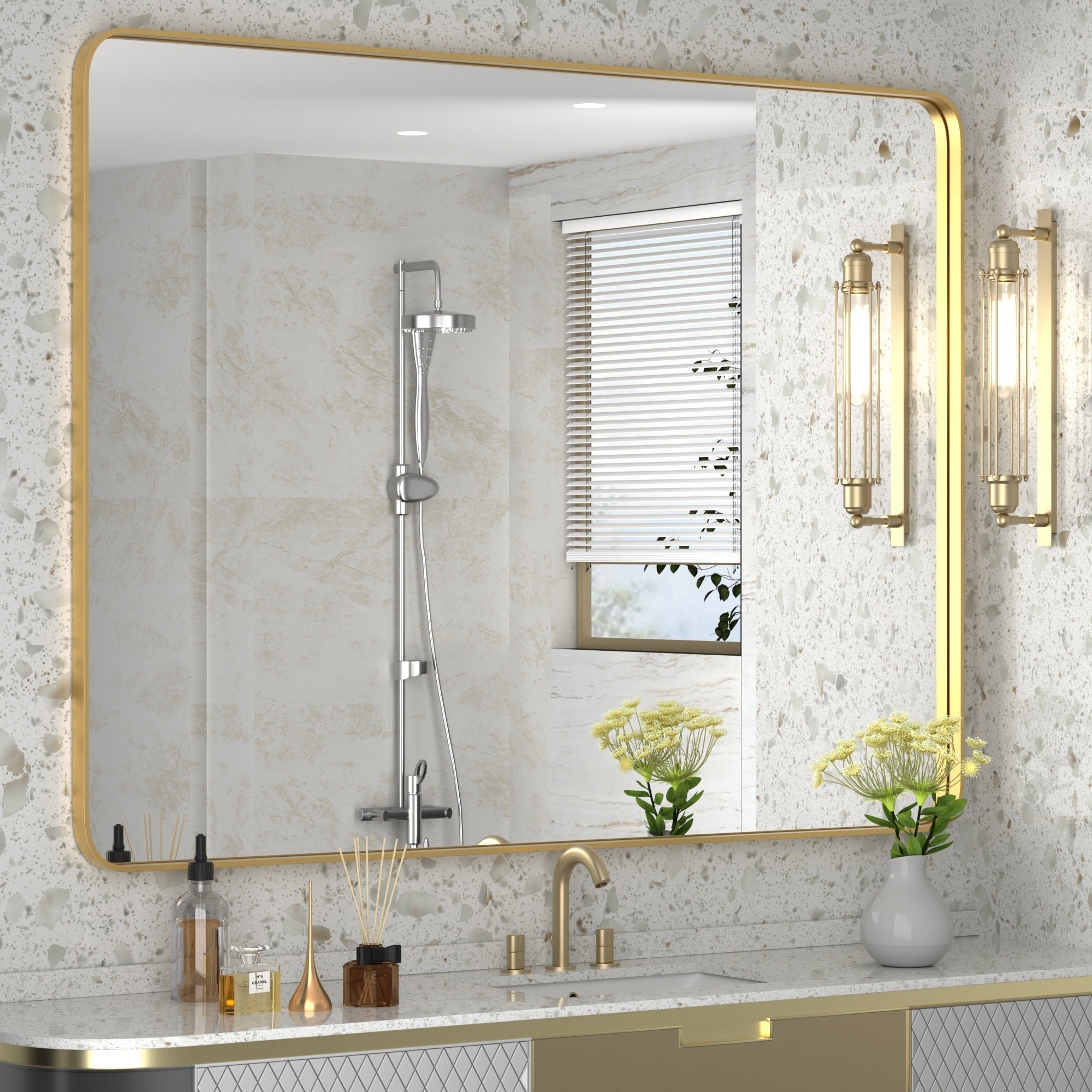 Modern Wall Mirrors, Rectangular Mirror with Stainless Steel Framed, Bathroom Mirror with Round Corner, Vanity Mirror