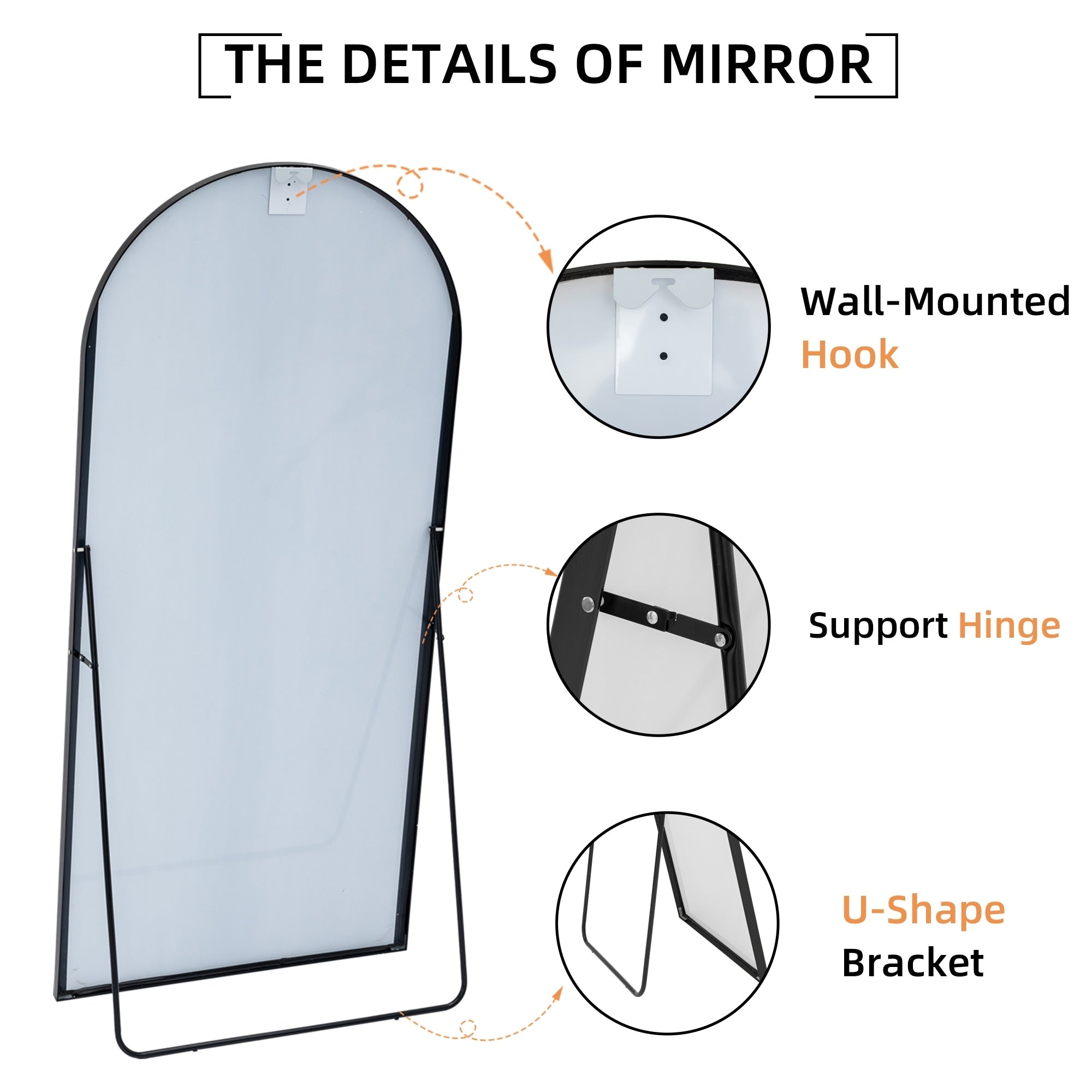 Arched Full Length Mirror with Stand Aluminum Alloy Frame,Wall-Mounted Mirror,Floor Dressing Mirror