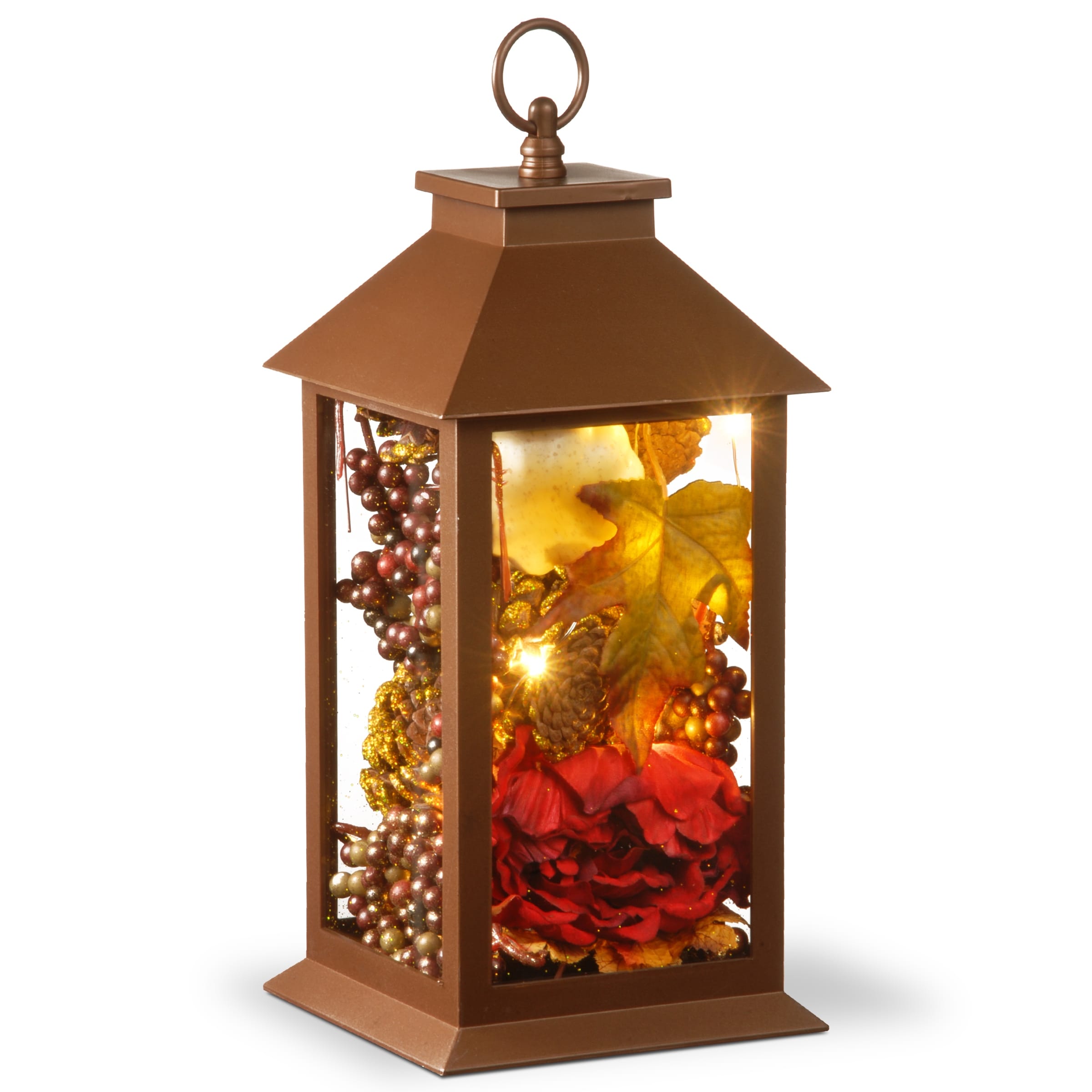 National Tree Company Harvest Lantern with LED Lights, Filled with Pumpkins, Leaves, Flowers, Berry Clusters, 12 inches - 12 in