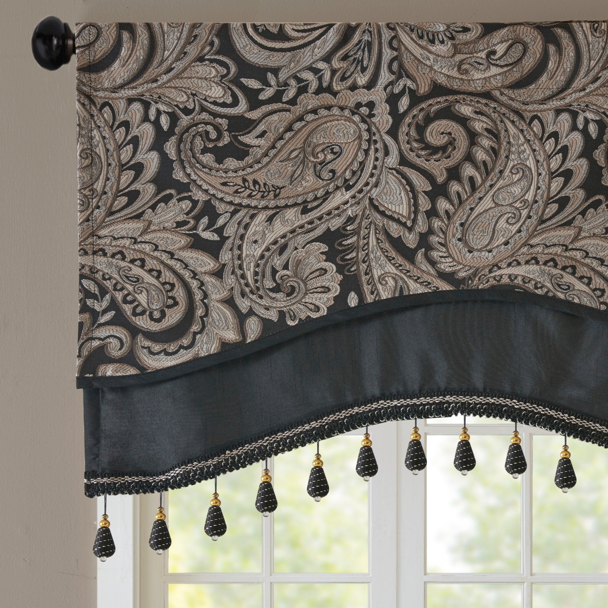 Madison Park Whitman Jacquard Window Rod Pocket Valance with Beads - 50 x 18