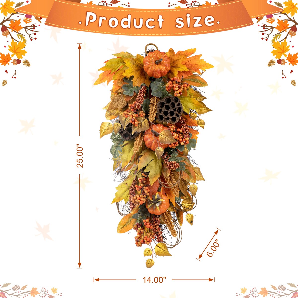 Glitzhome 25H Fall Pumpkin Lotus Leaf Swag Wreath Thanksgiving Door Decor