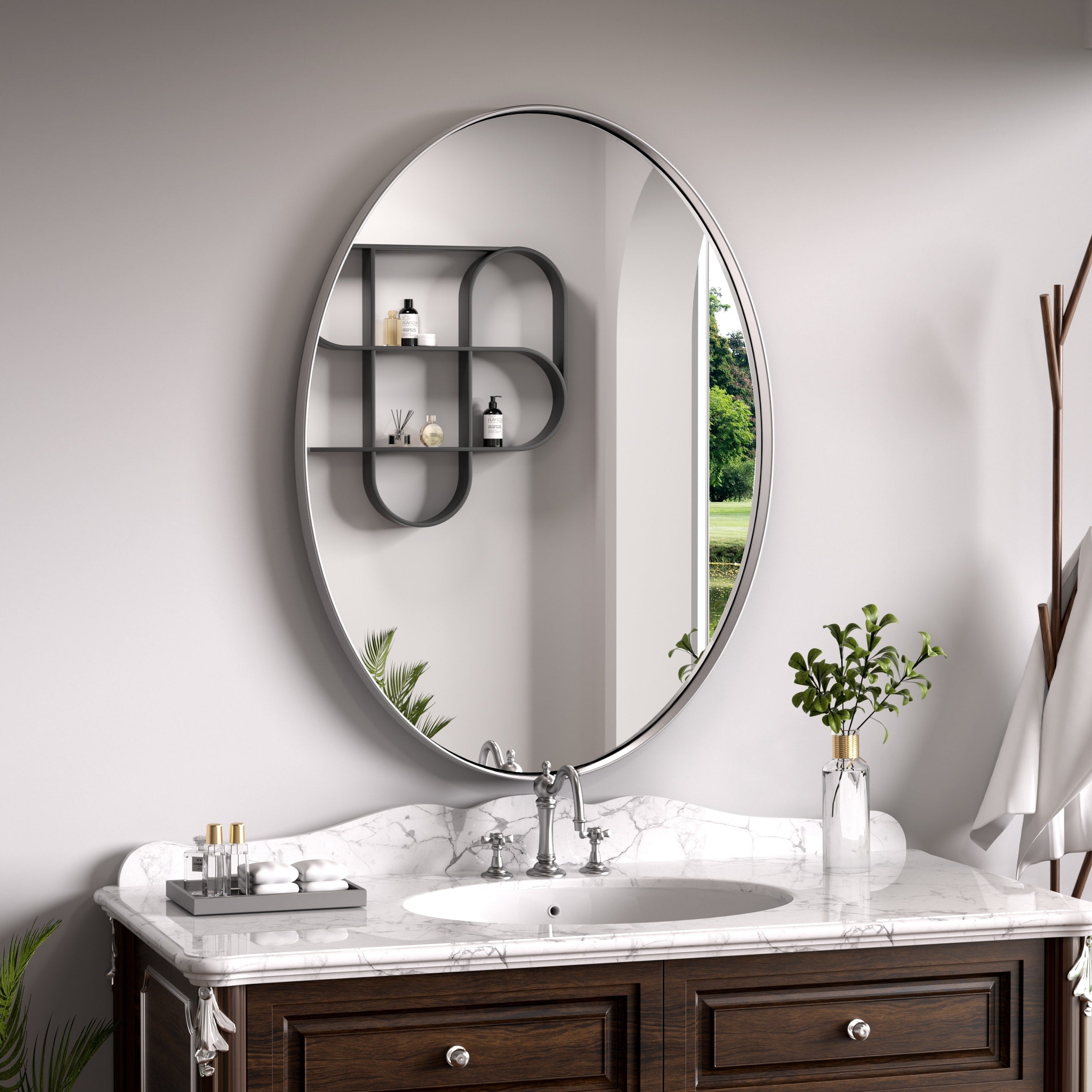 Modern Wall Mirrors, Oval Mirror with Stainless Steel Framed, Bathroom Mirror with Round Corner, Vanity Mirror Accent Mirror