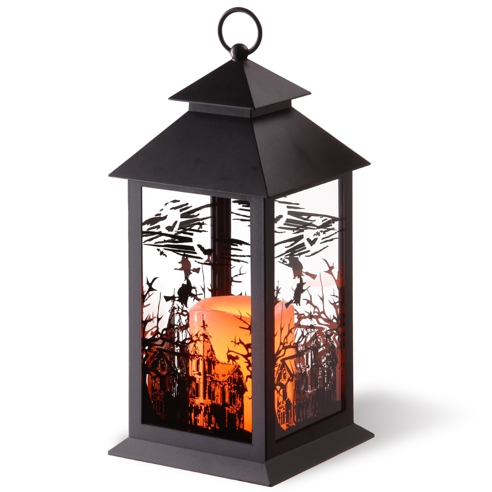 National Tree Company Halloween Lantern with LED Lights, Carved Images of Witches, Haunted House, 12 inches - 12 in