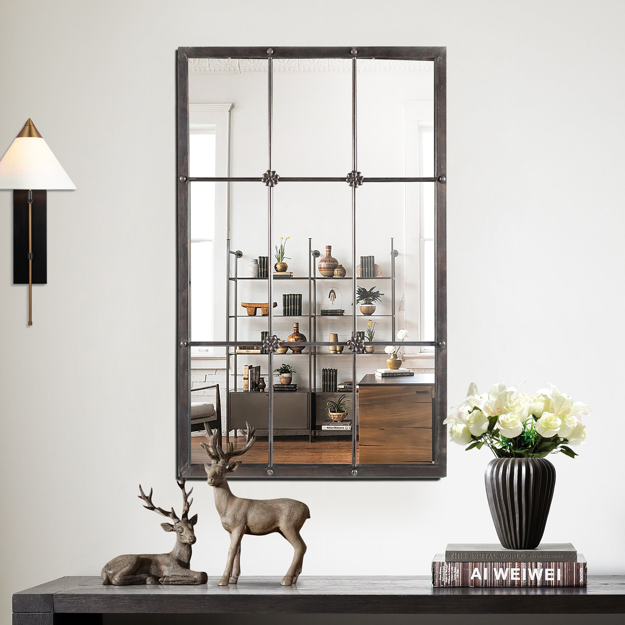 Rustic Brown Metal Frame Windowpane Accent Wall Mirror - 37.75 H x 23.8 W x 1 D