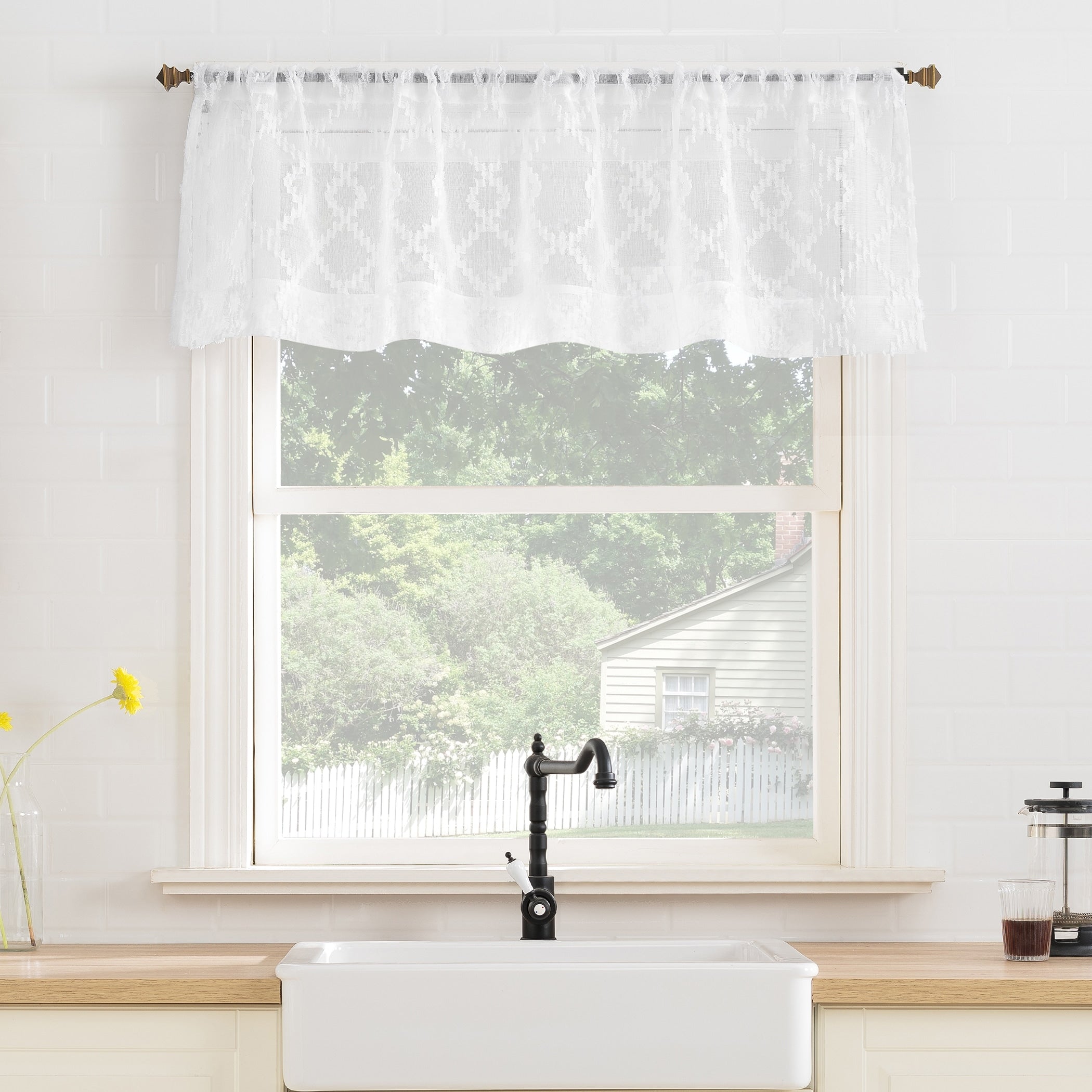 No. 918 Tina Geometric Clipped Semi-Sheer Rod Pocket Kitchen Curtain Valance and Tiers Set