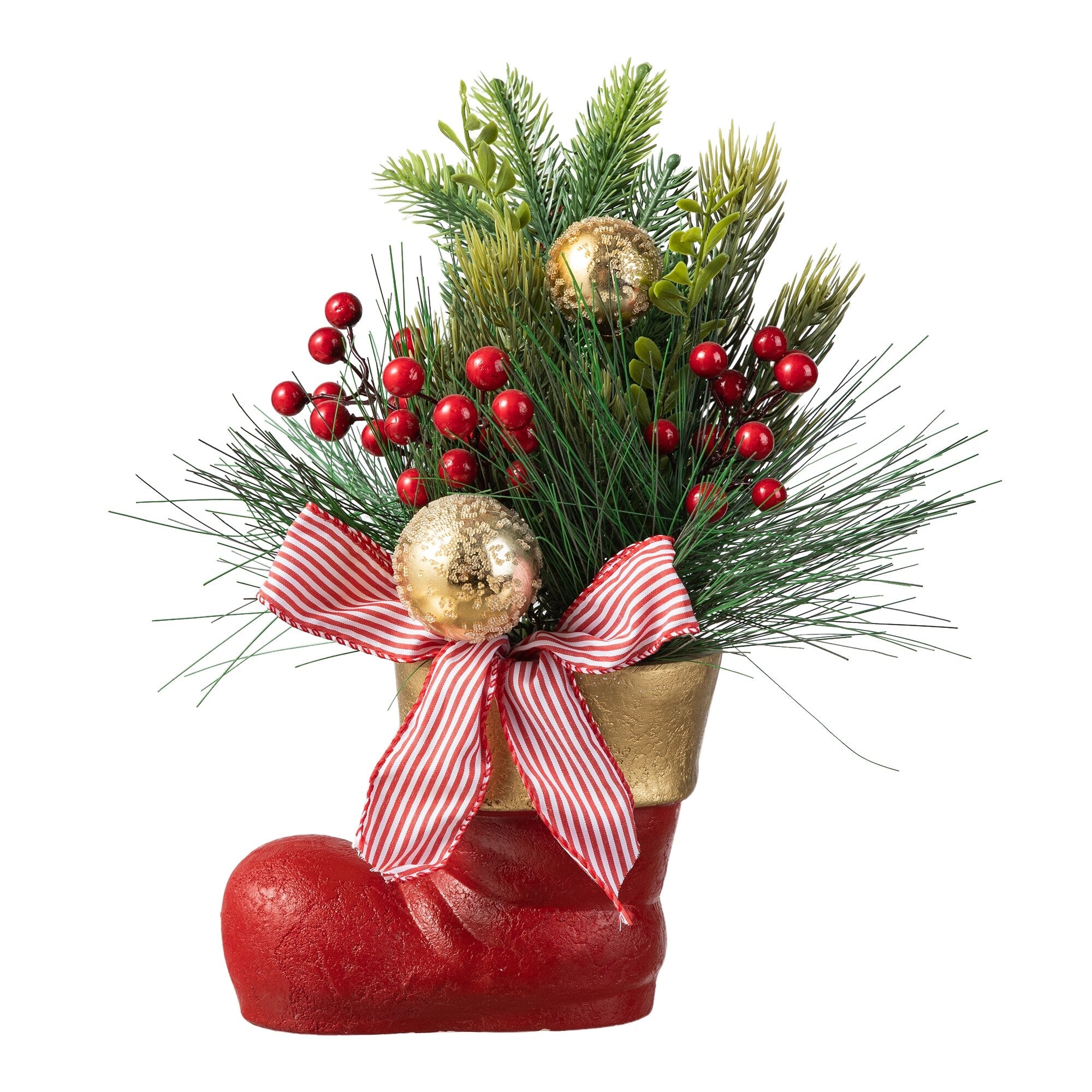 Glitzhome Christmas Red Sleigh Frosted Boot Floral Metal Potted Tree Table Decor