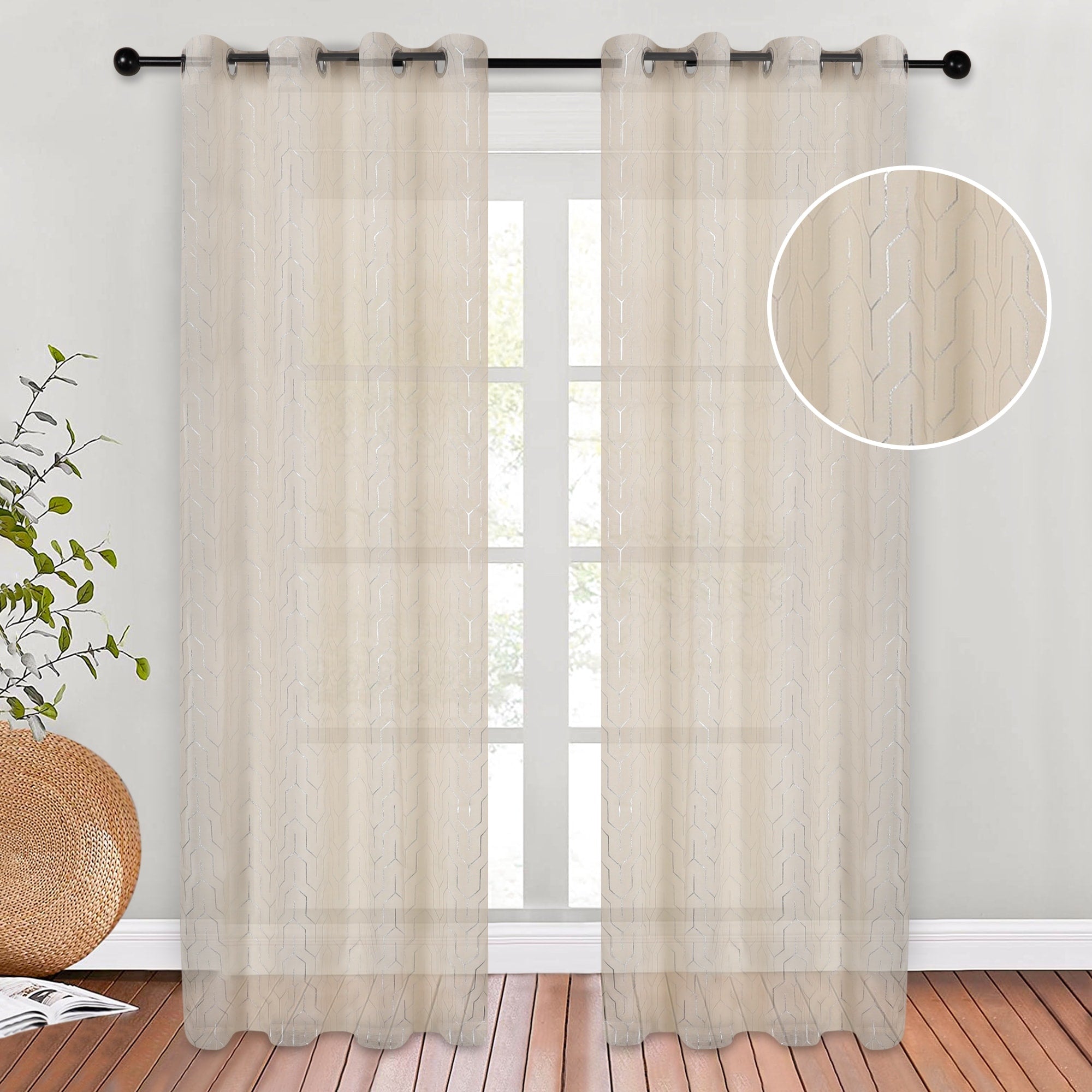 Superior Contemporary Geometric Trellis Sheer Curtains, Rod Pocket or Grommets, Set of 2