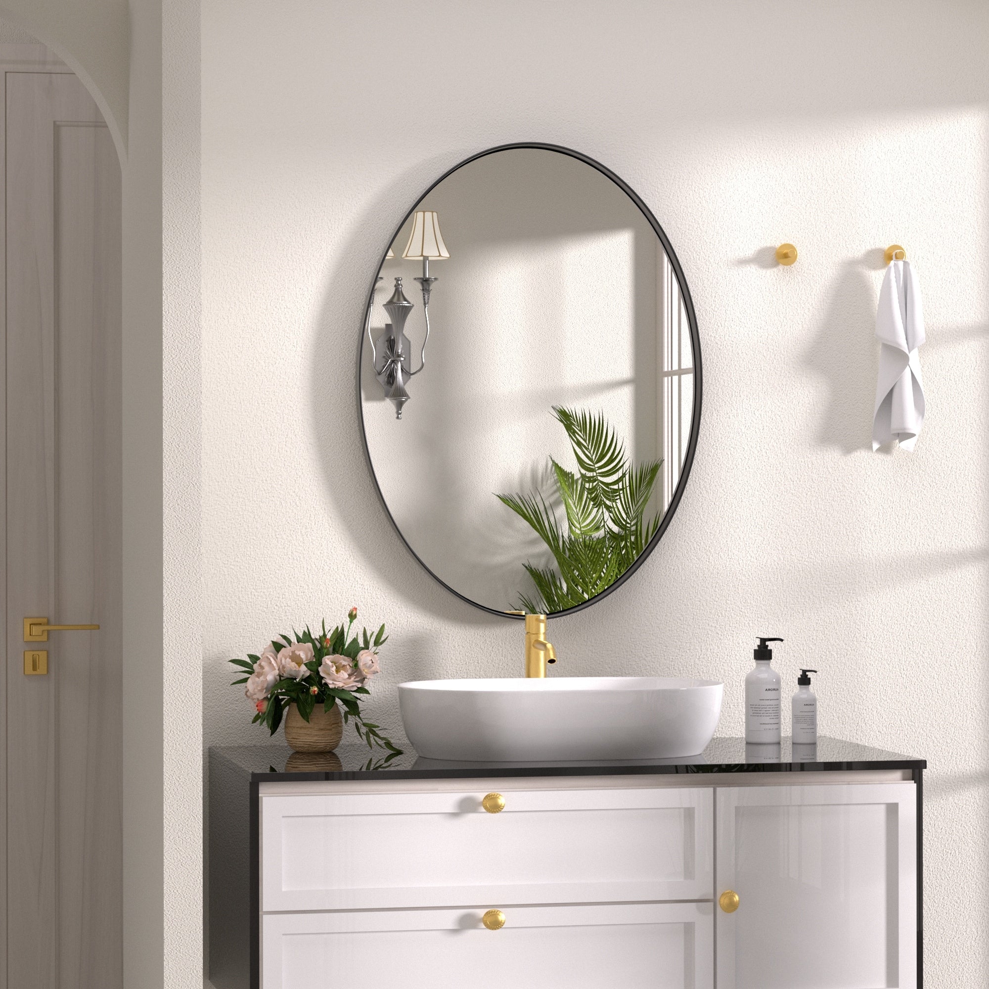 Modern Wall Mirror, Oval Mirror with Metal Framed, Bathroom Mirror with Round Corner Vanity Mirror for Vertical/Horizontal